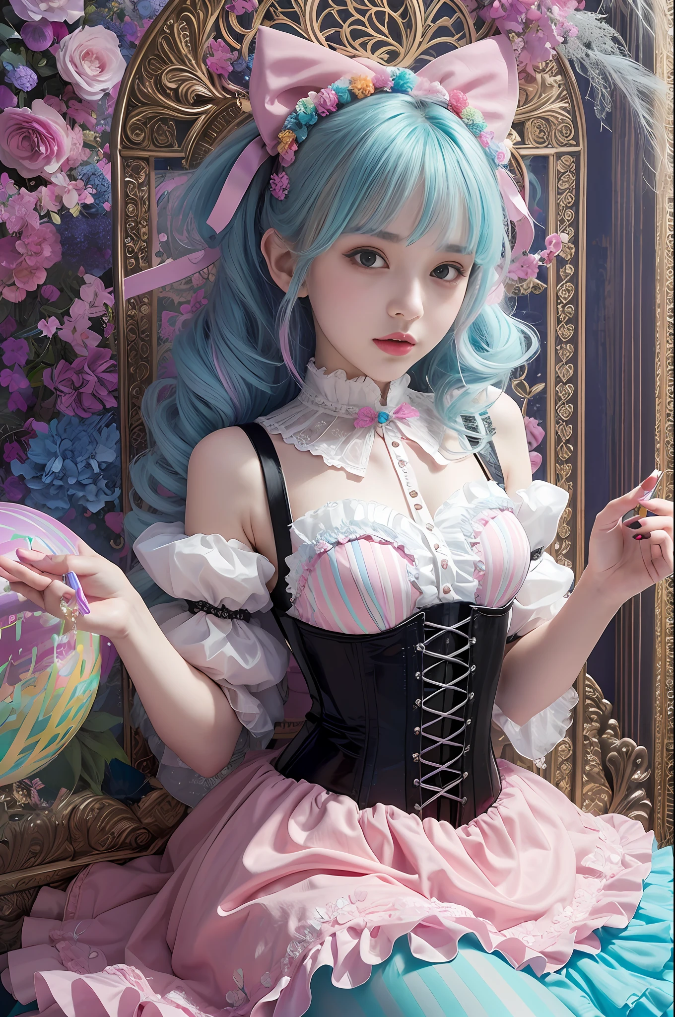 (masterpiece、top-quality、top-quality、Official art、Beautifully Aesthetic:1.2)、(One girl:1.3)、A highly detailed、(Fractal Art:1.1)、(colourfull:1.1)(florals:1.3)、The most detailed、(Zentangle:1.2)、full body Esbian、(Abstract background:1.3)、(shinny skin)、(Many colors:1.4)、、(耳Nipple Ring)、(pluma:1.5)、masterpiece、top-quality、top-quality、Official art、Beautifully Aesthetic:1.2)、(1girl in)、ighly detailed、(Fractal Art:1.3)、colourfull、highestdetailed、Pink hair、Perm of Kurukuru、short-cut、big eye、Women in Japan、(Ruffle frills, Chiffon Lace Ribbon Suspenders, (Stripe Design Pastel Coloring Dress), Big Ribbon Headband, Open Colorborn, puff sleeves, Tied thin ribbon corset, Balloon skirt, White Net Tights, Colorful star-shaped bead accessories) a girl with (curled twin tail separated two-tone hair:1.2), pastel pink hair, pastel blue hair wearing ruffle frills cuffs, chiffon laced ribbon suspenders, (stripes designed pastel coloring dress), big ribbon head band, open collarborn, puff sleeves, tied up thin ribbon corset, balloon skirt, white net tights, colorful star shaped beads accessories, in her girly colorful room with (pastel color:1.3), pop surrealism, (coloful dust:1.3), (colorful particles:1.3),
