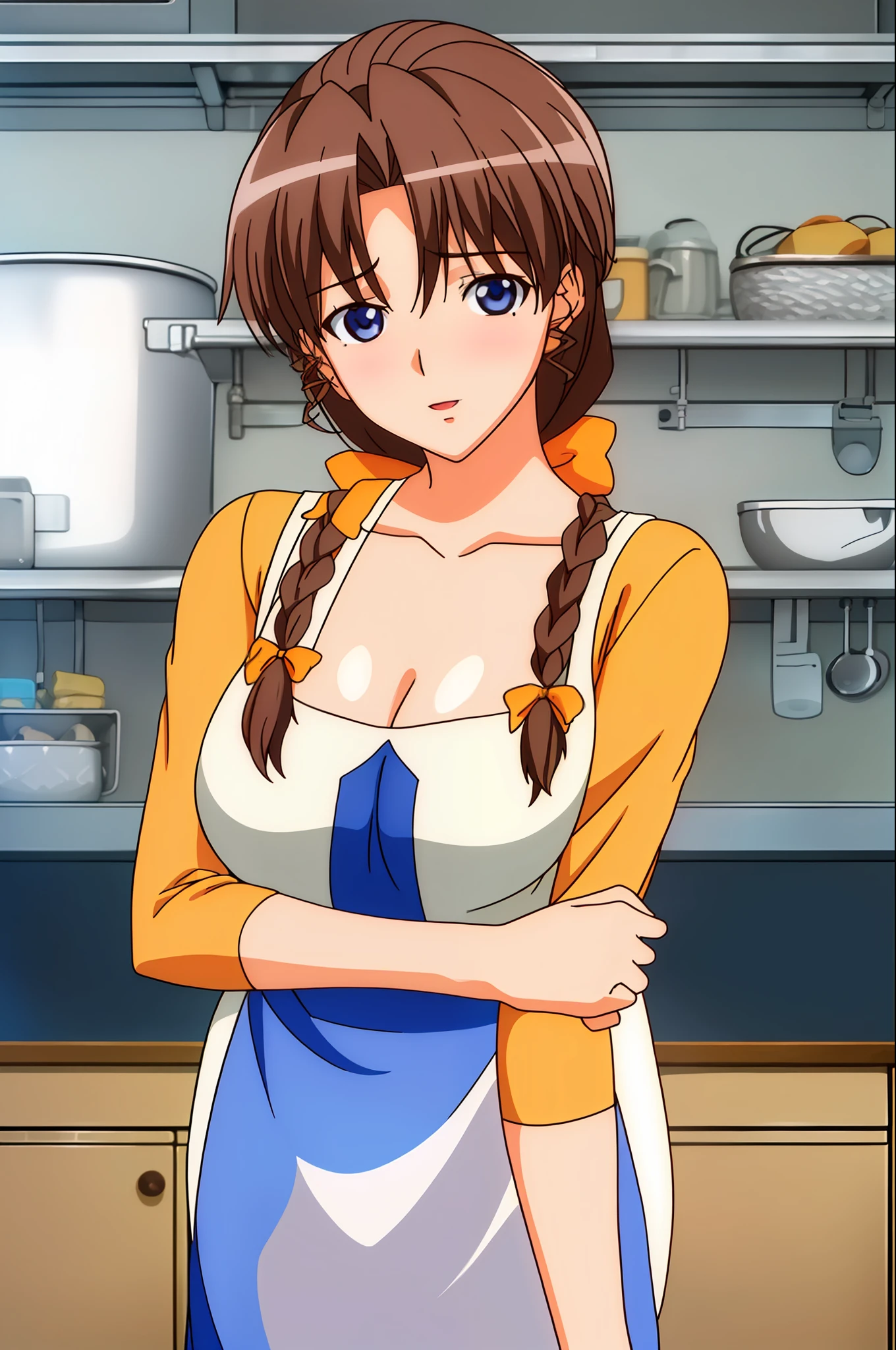 indoors, in a kitchen,
Standing on the floor,
apron, collarbone, (Yellow_shirt),
bangs, Brown Hair, Blue eyes,single braid, Orange hair ribbon, 
1 girl, 20yo,Young female,Beautiful Finger,Beautiful long legs,Beautiful body,Beautiful Nose,Beautiful character design, perfect eyes, perfect face,expressive eyes,
looking at viewer, in the center of the image,(Upper_body),(Focus on her face),
official art,extremely detailed CG unity 8k wallpaper, perfect lighting,Colorful, Bright_Front_face_Lighting,shiny skin,
(masterpiece:1.0),(best_quality:1.0), ultra high res,4K,ultra-detailed,
photography, 8K, HDR, highres, absurdres:1.2, Kodak portra 400, film grain, blurry background, bokeh:1.2, lens flare, (vibrant_color:1.2)
(Beautiful,Breasts), (beautiful_face:1.5),(narrow_waist),