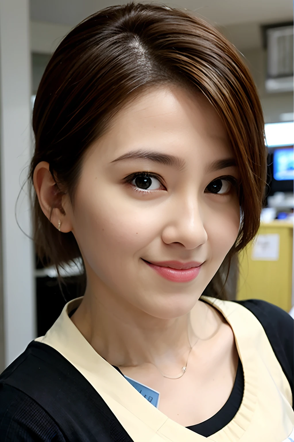 (Supermarket:1), mid afternoon, Doctor Gown, Short hair with light brown fringes, Light brown eyes, 1girll, Innocent, (Photorealistic), (Intricate details:1.2),(Masterpiece, :1.3),(Best quality:1.4), (超高分辨率:1.2), 超高分辨率, (Detailed eyes), (Detailed facial features), hdr, 8K resolution, (Lens flare:0.7), Turn around, Busy with inspection reports, face viwer, drshe,nakeness