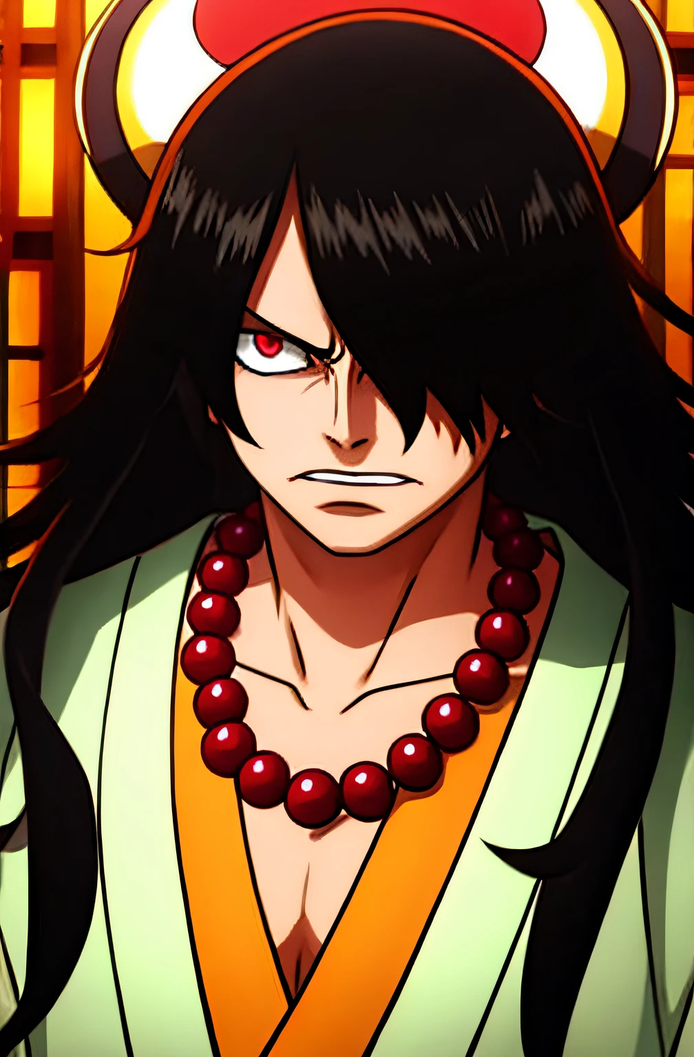 ((masterpiece)), (best quality), (extremely detailed), depth of field, wanostyle, 1boy, solo, serious, teeth, necklace, black hair, messy hair, long hair, hair over one eye, looking at viewer, red eyes, half body, kimono, traditional clothing, black clothing, sharp focus, hdr, soft lighting, colorful, good composition, anime screencap, ready to fight