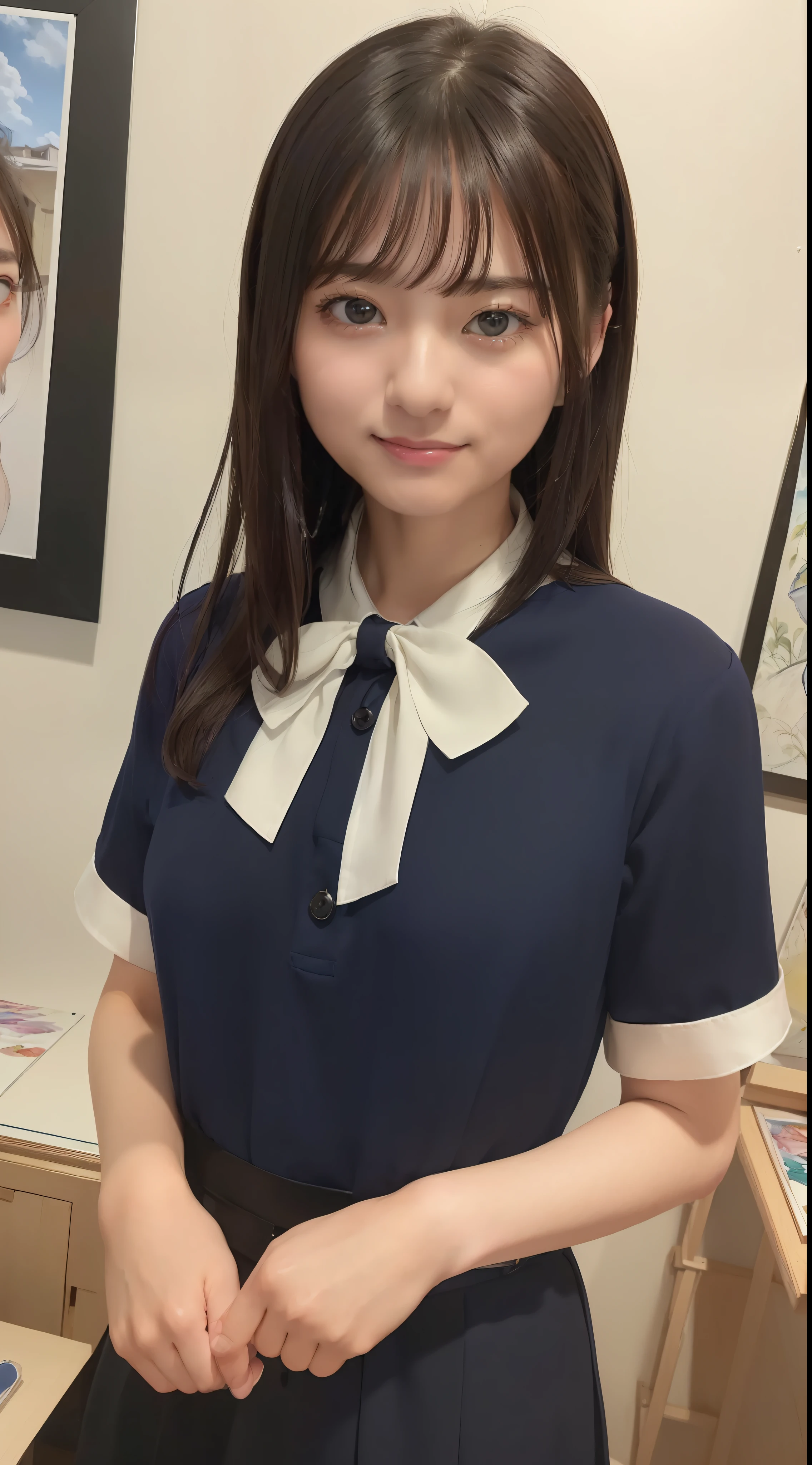 (8K、top-quality、masterpiece:1.2)、(realisitic、Photorealsitic:1.37)、ultra-detailliert、1womanl、 20yr old、独奏、((Beautiful ribbons))、(((A dark-haired)))、(A smile:1.15)、beautiful finely detailed eyes、(shirt with collar:1.1)、business clothes、(short-hair:1.2)、 (((Art Room)))、 picture frame