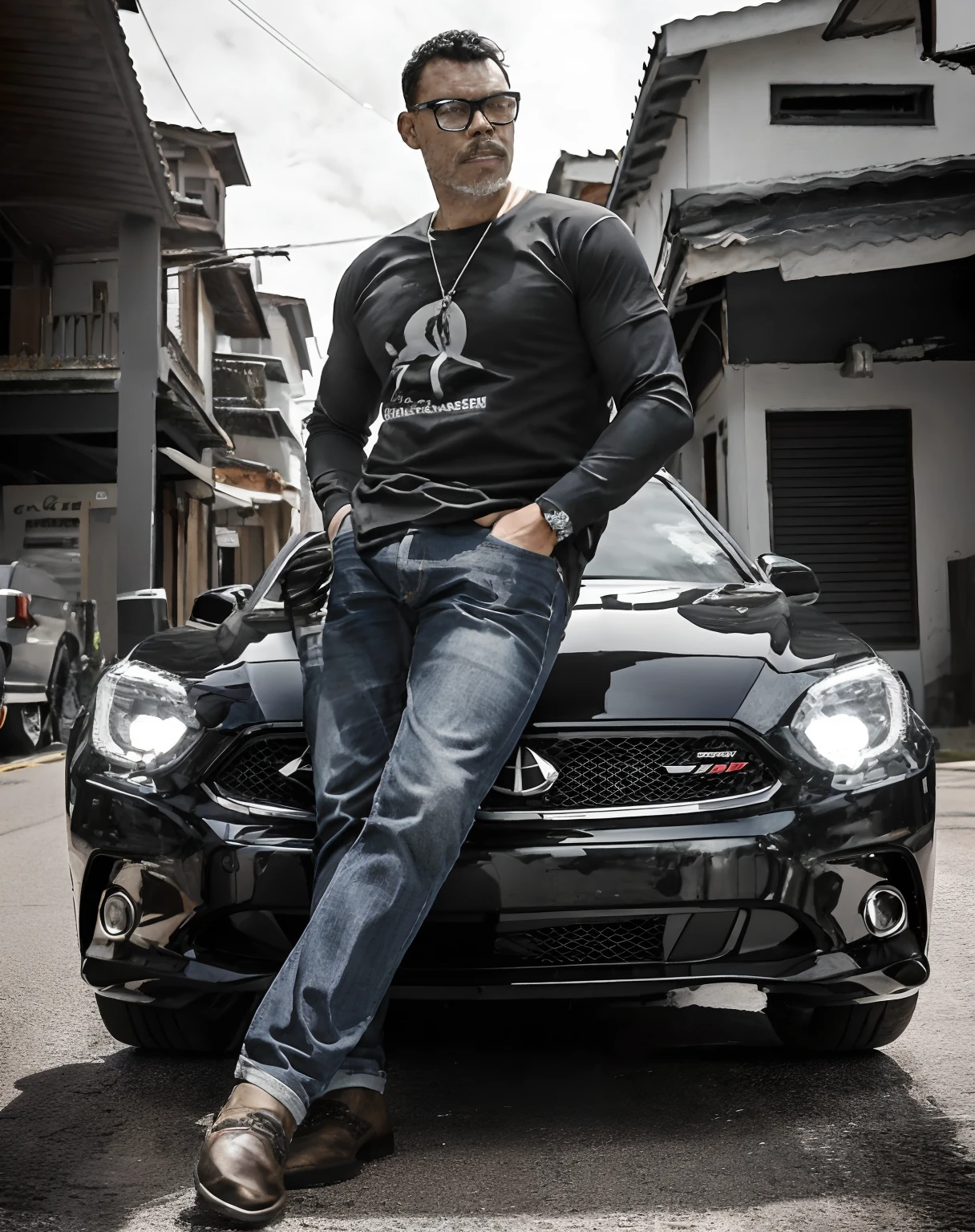 guttonervision8, Homem de oculos sentado em um ((carro cinza prateado)) with your feet on the hood, foto de retrato de corpo inteiro, homem bonito, em uma rua com predios e casas, noite,  Pose casual, he is wearing a black t-shirt, German, inspirado em Harry Haenigsen, Andreas, Tiro na Canon EOS R5, Tiro na Canon EOS R 5, fotografia comercial do carro, jeans e camiseta