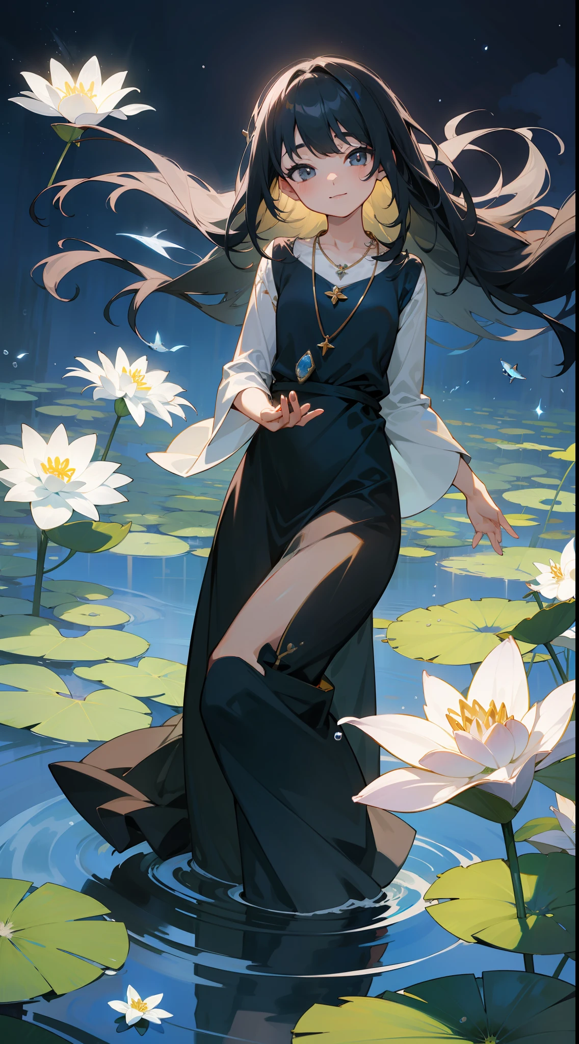 cantata, 1girl in, Cute, Water, Smile, Asian,Focus on Eyes, Head_tilt,Fish, Orion, flowingwater, Lily, Black hair , Floating hair, Long hair, Beautiful long dresses, Skindentation,Gray eyes, Beautifully gorgeous necklace, Strapless ,