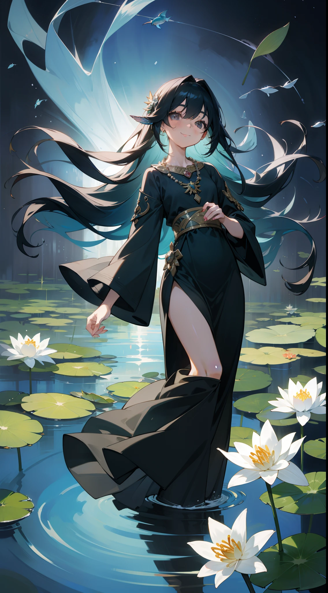 cantata, 1girl in, Cute, Water, Smile, Asian,Focus on Eyes, Head_tilt,Fish, Orion, flowingwater, Lily, Black hair , Floating hair, Long hair, Beautiful long dresses, Skindentation,Gray eyes, Beautifully gorgeous necklace, Strapless ,