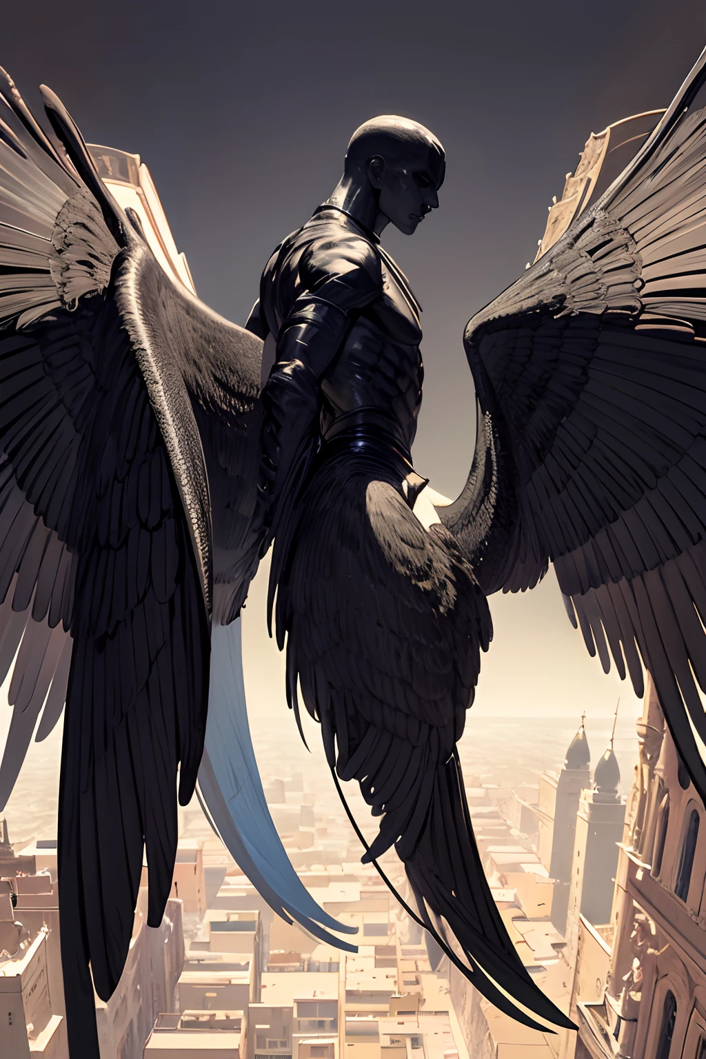 painting of a black (noir) faceless humanoid man with wings, semi ?????, muscular, in a colorful garden, winged human, giant wings, horror entity with wings, male aeromorph, symmetrical epic dark fantasy creature, huge wings, wispy gigantic wings, dark feathered wings, winged boy, massive wing, (best quality), (masterpiece), no armor,