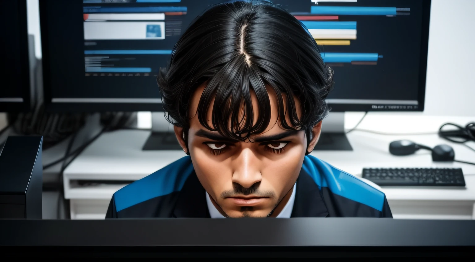 Trabalhador viciado em computador com o rosto triste