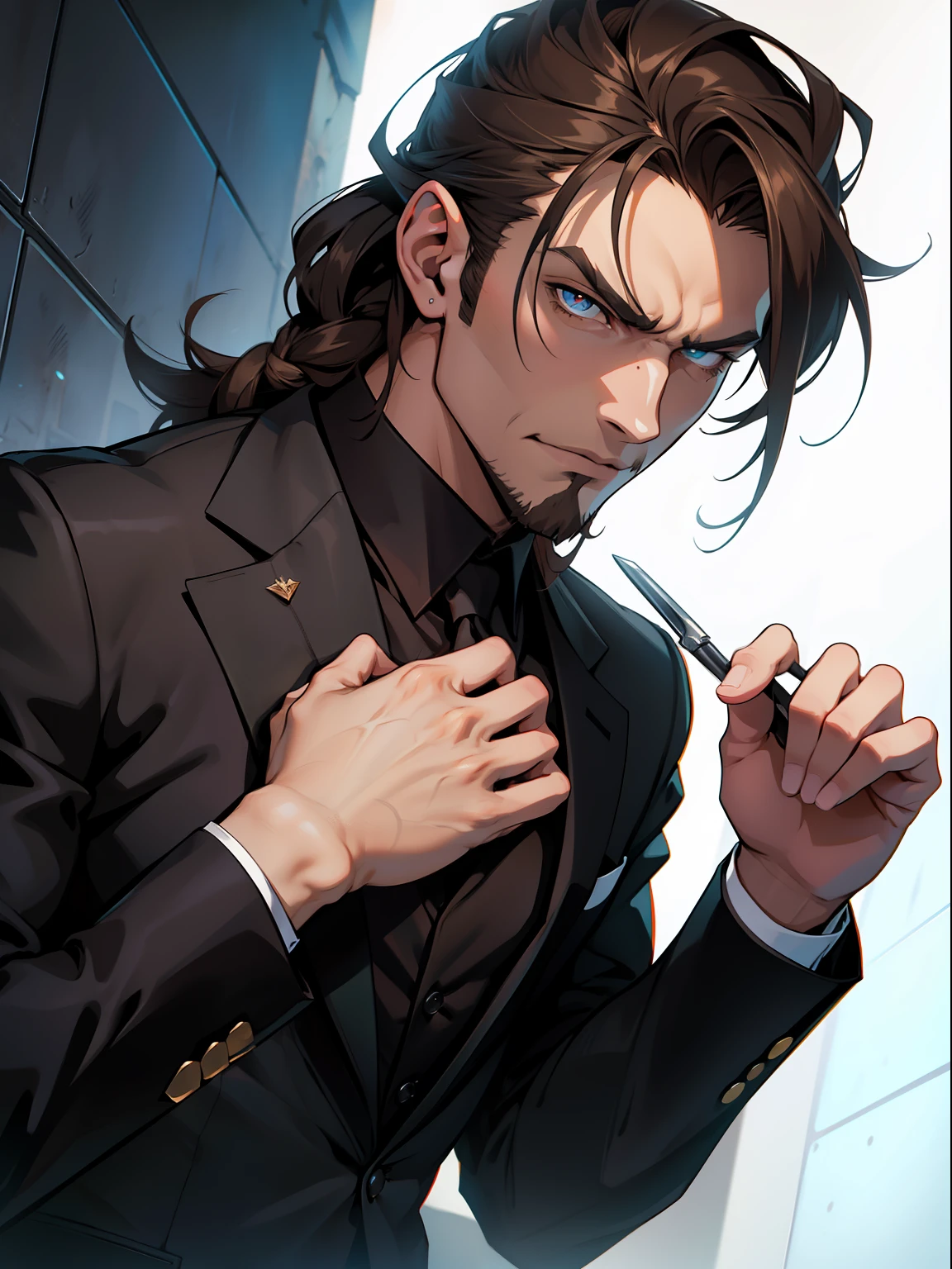 A unique character, square jaw, with villain characteristics, mediana edad, altura media, ropa formal, elegante, dark brown hair, Ceria expression, fornido, que imponga respeto, anime, estilizado, detallado, alta calidad.