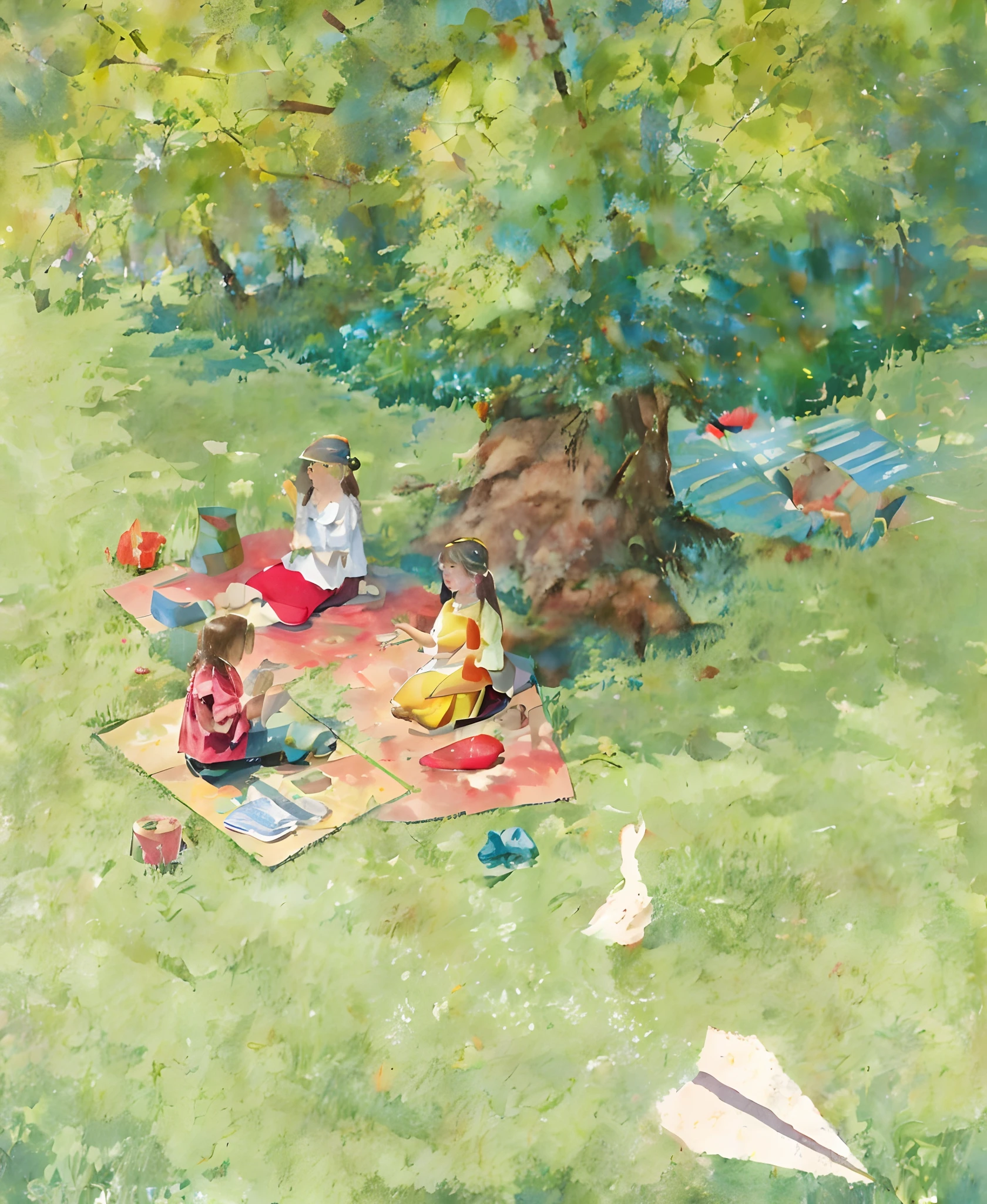Lots of fruit on the tree,There are people sitting on blankets in the park, A beautiful artwork illustration, forest picnic, author:Kiyochika Kobayashi, dreamlike illustration, having picnic, Beautiful illustration, author:Kikukawa Sakaeyama, cute illustration, Relaxing concept art, author:Nobusada Yanagawa, children's book illustrations, afternoon hangout, author:Miu Komatsu