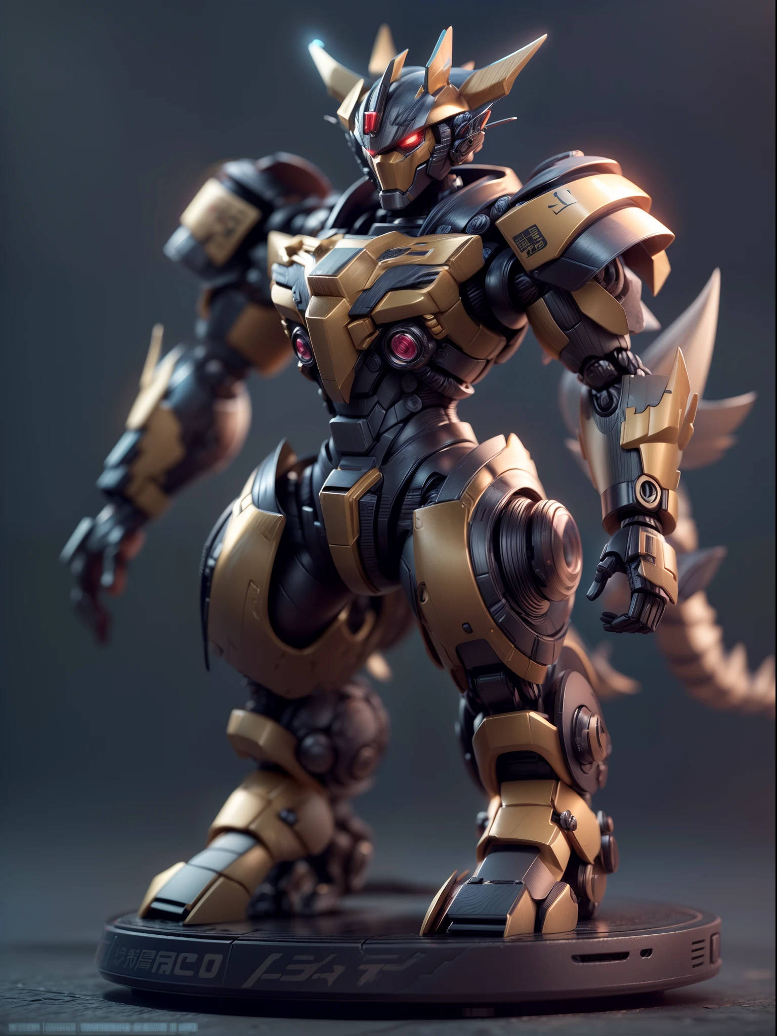 (Blind box toy style:1.3),((Full body shot))(anthropomorphism) , (1 strong chinese dragon mecha warrior)(((solo))) metal mecha,dreamy glow, Clean dark background,Brown black style,(circular base)( Global illumination, Ray tracing, hdr, unreal render,reasonable design, high detail, Masterpiece, Best quality, hyper HD, Cinematic lighting)