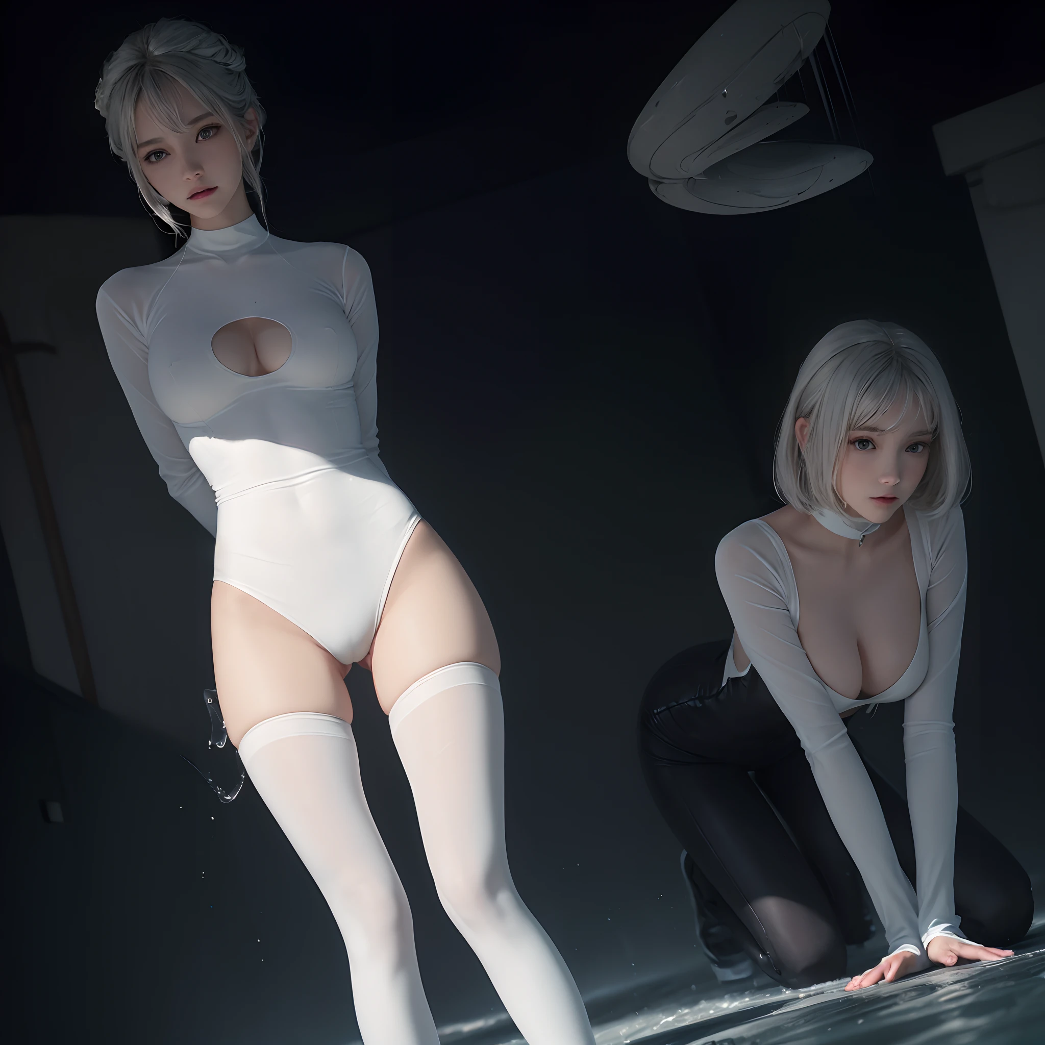 ((NSFWSTILLSHOW))、no extra arm:2、no extra hand:2、no extra leg:2、((solo 1girl))、{full length|Full height|all-fours|Half squatting|Flying|Jumpping|Ass focus、looking ahead}、{Wide Shot:1.5|Drone view|OverHeadShot|From below:1.5}、(wetted Porcelain skin、Wetted White skinny bodysuit)、Very thin and soft fabric、wetted face、{wetted hair|Floating hair|Shiny hair|Black hair|Blonde hair|Silver hair|Short Bob|Half Up|Curly hair}、Detailed Clear Nipples、detailed crotch、(The shape of the pubic area is Clearly Visible:1.2)、ass visible through thighs:1.3、Nipple shadow、(masterpiece, Best quality)、(((Photorealsitic:1.37)))、(BokeH)、smooth shading、({childish|Gigantic cleavage:1.37})、((((detailed beautiful face))))、Darkbackground、neons、zydG、high collar、elbow_gloves、Floating in the SPACE、Blue Earth、{dreamlike|creative refinement}、