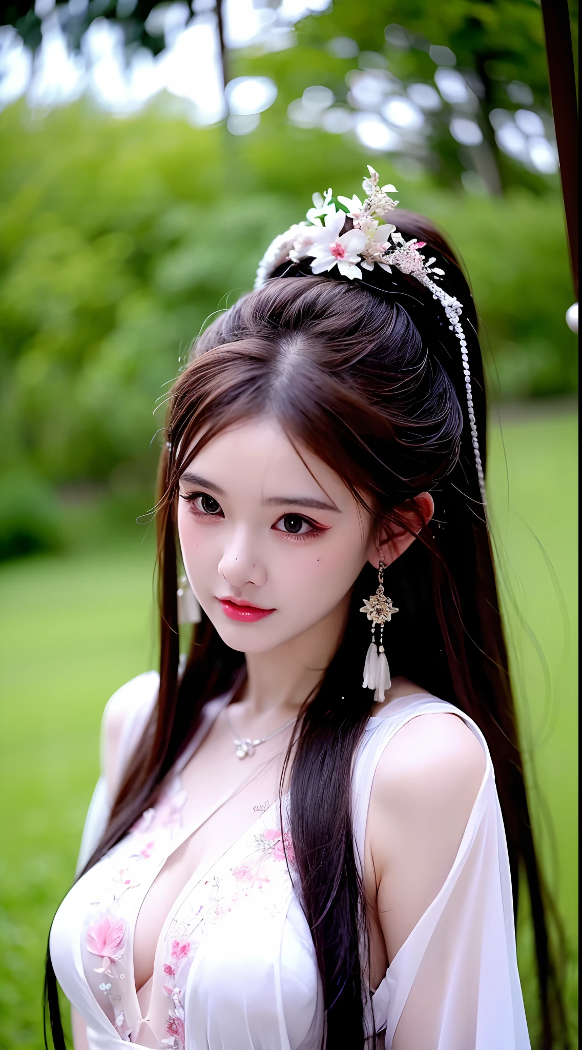 1 realistically beautiful girl, waist length hair, black eyes, ancient Ao Dai, style hanfu, wearing a thin silk shirt of ancient China, pink and smooth white skin, wearing a discreet ancient style ao dai, appears shoulders and head in the photo,cute little face, eye bags under wet makeup, plump red lips, pout, mouth shut, embarrassed, small face makeup detailed and very beautifull, The breasts are super round and tight, breast augmentation, blum boobs, Cover the girl's chest with a camisole inside, blush, from front, wear earrings, necklaces, from above, looking at viewer, upturned eyes, full body, masterpiece, top quality, best quality, official art, unity 8k wallpaper, highres, ultra-high res, ultra-detailed, (photorealistic:1.2), alone, solo, Only 1 girl, style hanfu Dunhuang, 10x pixels, super realistic, ultra high quality, full body view of the girl, upper body,