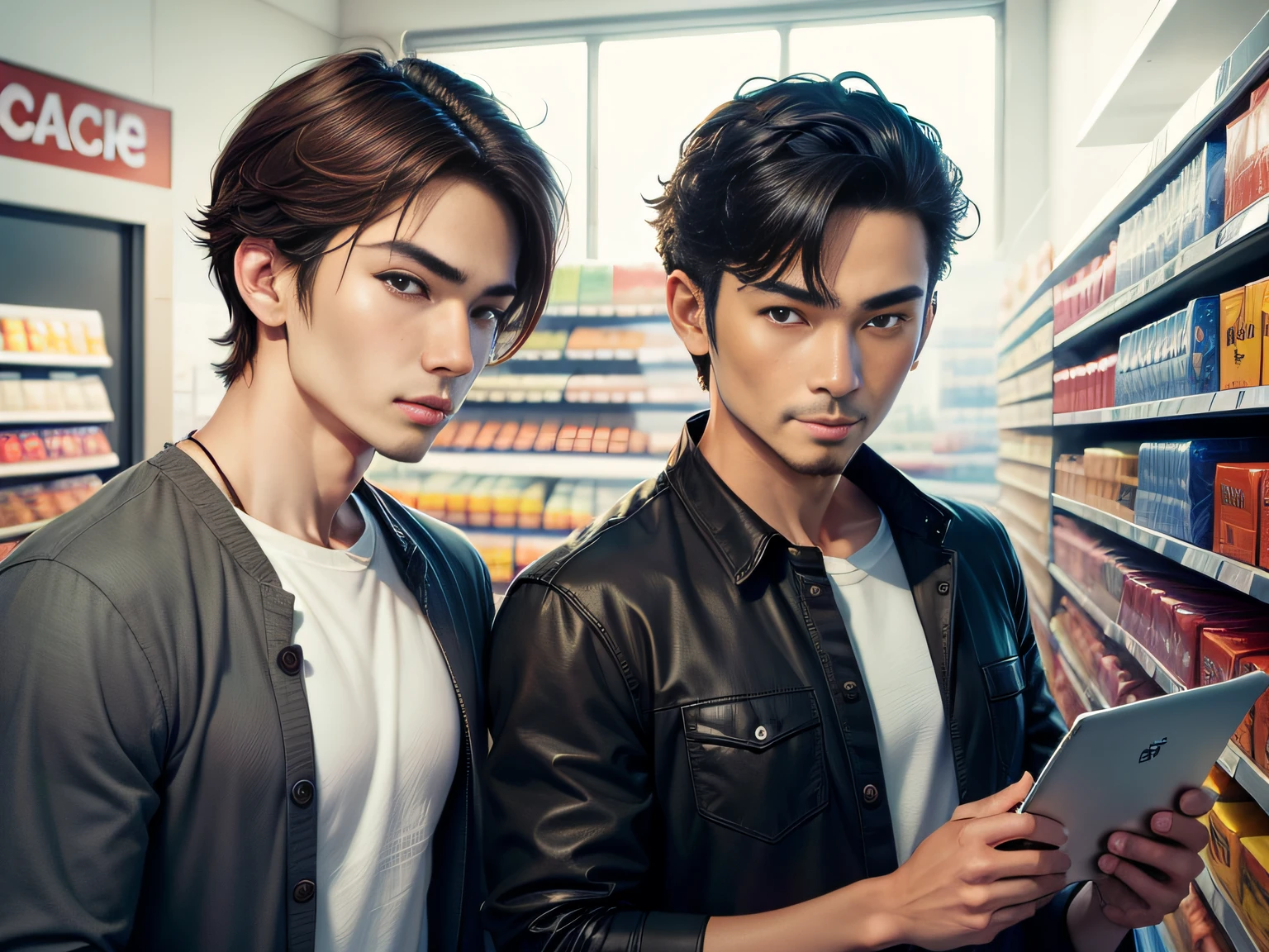 Male with 2 Asian faces,Shop for car supplies in casual wear at the auto supply supermarket,sface focus,Extreme depiction of facial detail