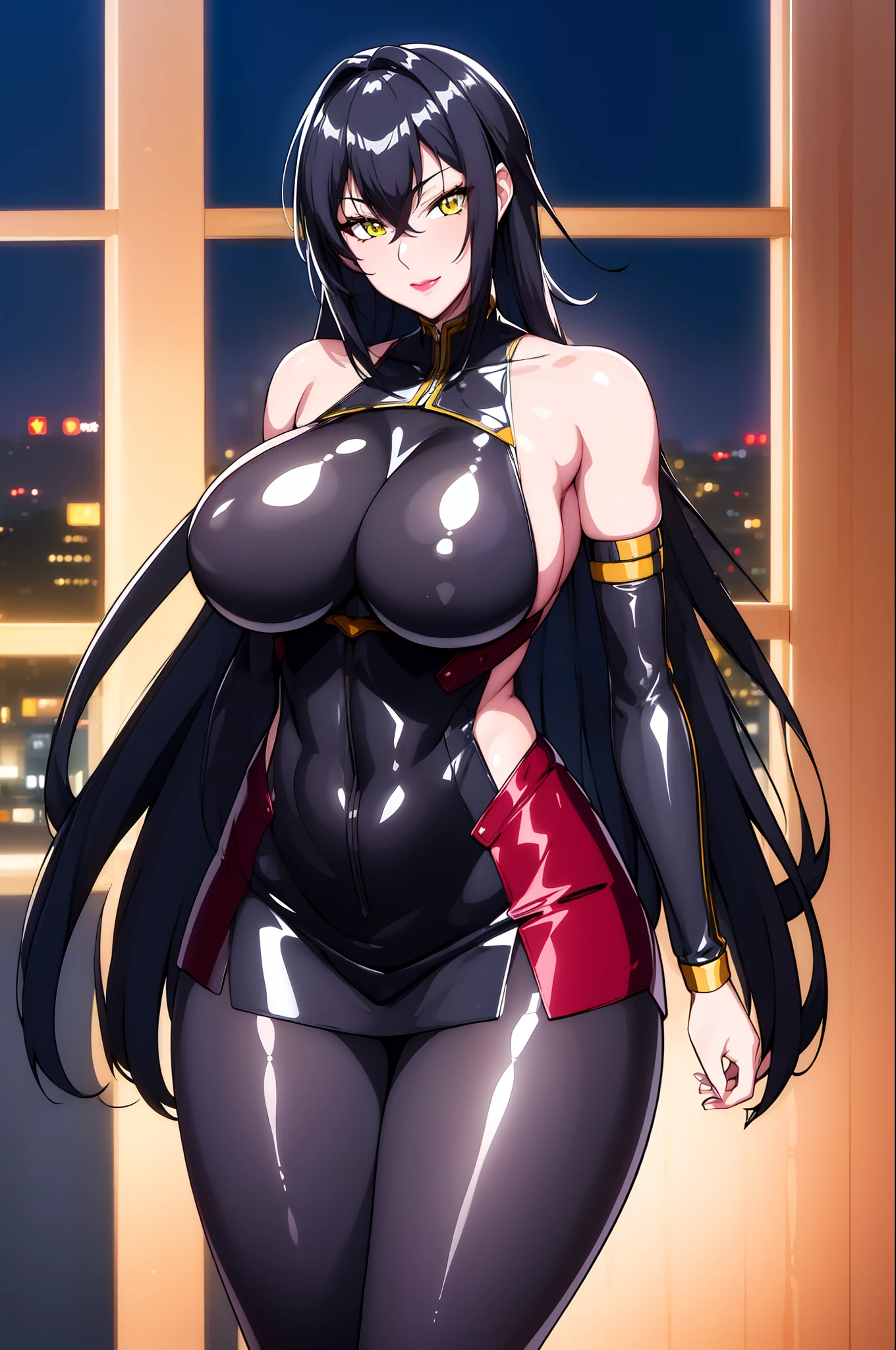 (Night:1.7), Japan, Tokyo, CityView, Before Window,
Standing at attention,
black outfit ,yellow collared shirt,black and red bodysuit,skin_tight,black legwear, black pantyhose, Side_boob,
black hair,very long hair, Bangs,yellow eyes,makeup, lipstick,
1 girl, 20yo,mature female,Beautiful Finger,Beautiful long legs,Beautiful body,Beautiful Nose,Beautiful character design, perfect eyes, perfect face,
looking at viewer,
NSFW,official art,extremely detailed CG unity 8k wallpaper, perfect lighting,Colorful, Bright_Front_face_Lighting,
(masterpiece:1.0),(best_quality:1.0), ultra high res,4K,ultra-detailed,
photography, 8K, HDR, highres, absurdres:1.2, Kodak portra 400, film grain, blurry background, bokeh:1.2, lens flare, (vibrant_color:1.2)
(Beautiful,large_Breasts:1.4), (beautiful_face:1.5),(narrow_waist),