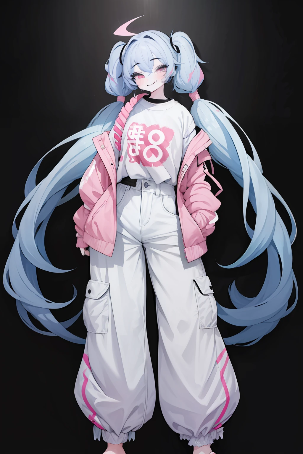 1girl,short girl,two color hair,pink and light blue hair, very long twintails hair style, wearing a ver big and loose shirt,wearing a very sexy pants,no mask,smiling with kindness