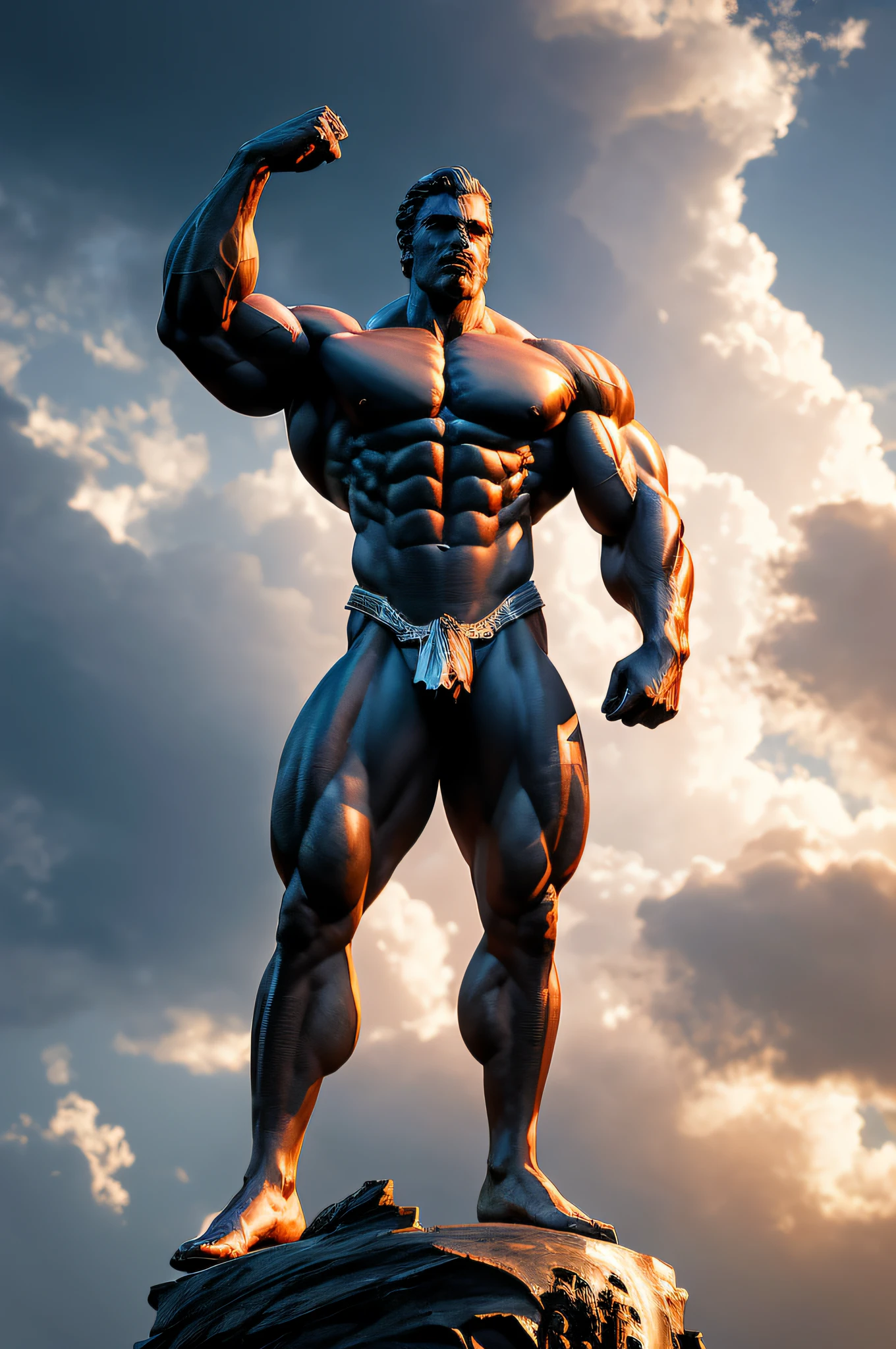 a statue of some male philosopher, macho, sigma, na pose de atleta de Bodybuilder, Double biceps front, de frente e de costa, todo foco nele, with nothing in hand, fique mais perto, standing on her feet, Clint Cearley, Arnold render, a marble sculpture, (cinematografic:1.4), slate grey atmosphere, hiperdetalhada, tons suaves, detalhes insanos, baixo contraste, (((corpo inteiro))), (Centrado), tempestuous sky, epic sky, volumeric lighting, musculoso, forte