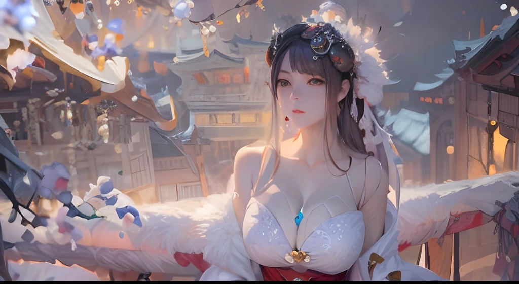 Anime girl wearing red dress,White fur shawl, a beautiful fantasy empress, Guviz, Guviz-style artwork, Palace , A girl in Hanfu, guweiz masterpiece, trending on cgstation, Inspired by Lan Ying, Guweiz in Pixiv ArtStation, full-body xianxia, Japanese goddess