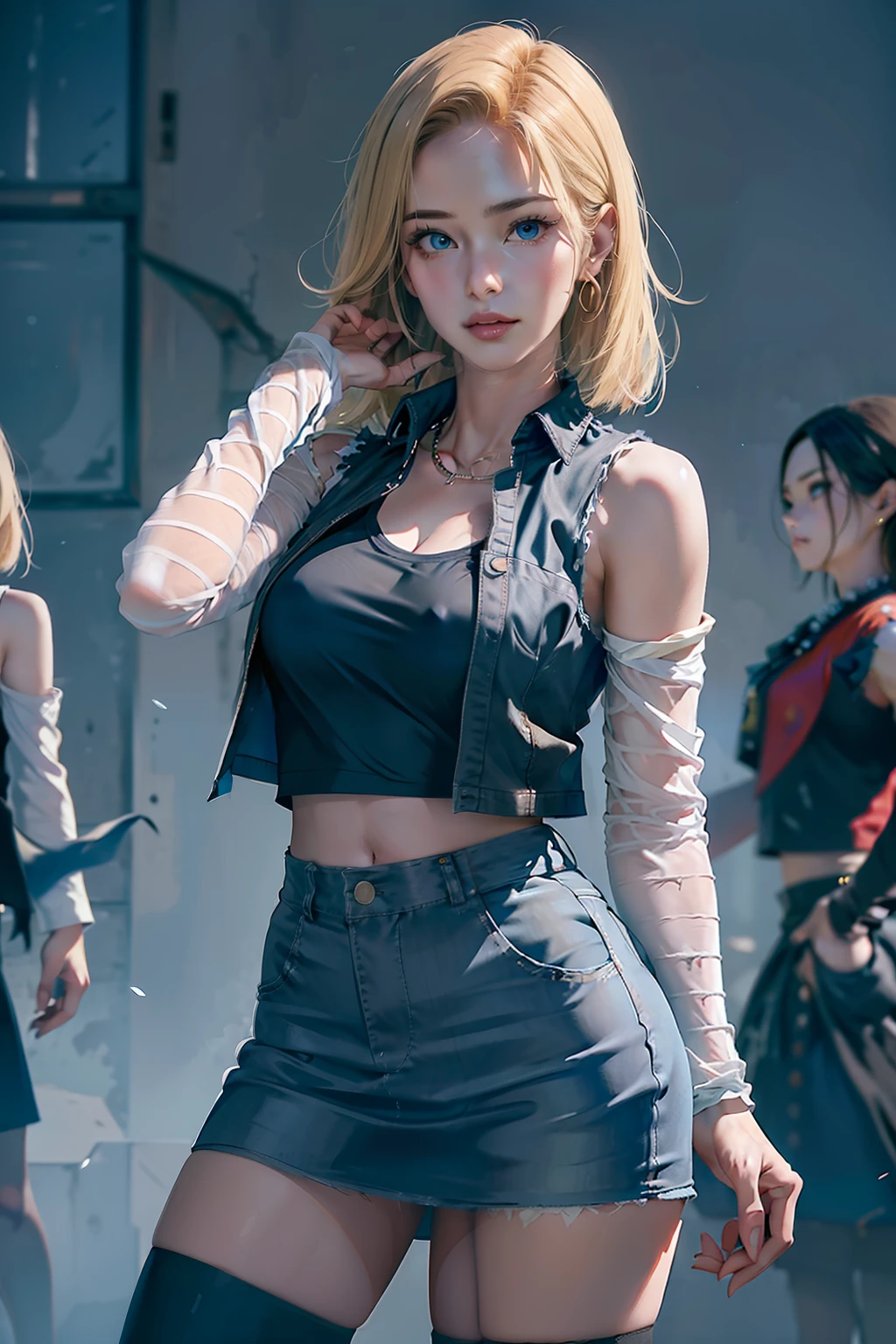 (highly detailed back ground:1.0)、(highly detailed back ground:1.0)、absurderes、((​masterpiece:1.2、top-quality))、ultra-detailliert、Ultra-precise depiction、Ultra-detailed depiction、top-quality、ighly detailed、(dynamicposes)、(Photorealsitic:1.4)、Official art、Unity 8k壁纸、Beautifully Aesthetic、looking at the viewers、1８Old Female、Beautiful waist、(shinny skin)、Many colors、dynamic ungle、Most Beautiful Form of Chaos、elegent、Brutalist design、 romanticism, deep-shadows,Legs raised high to expose white panties、Panties look good、 Unobtrusive, Beautiful camel toe、Looks Back,Beautiful panties、 Panties with ribbon、android_18, and18, 18 with, 1girl in, Android 18, sleeveless、独奏, blonde  hair, blue eyess, shorth hair, Beautiful belly button、beautiful thigh、Beautiful udder、耳Nipple Ring, jewely, Denim Vest, open vest, Raw feet, Black shirt, Denim skirt, Striped long sleeves, a blue skirt,