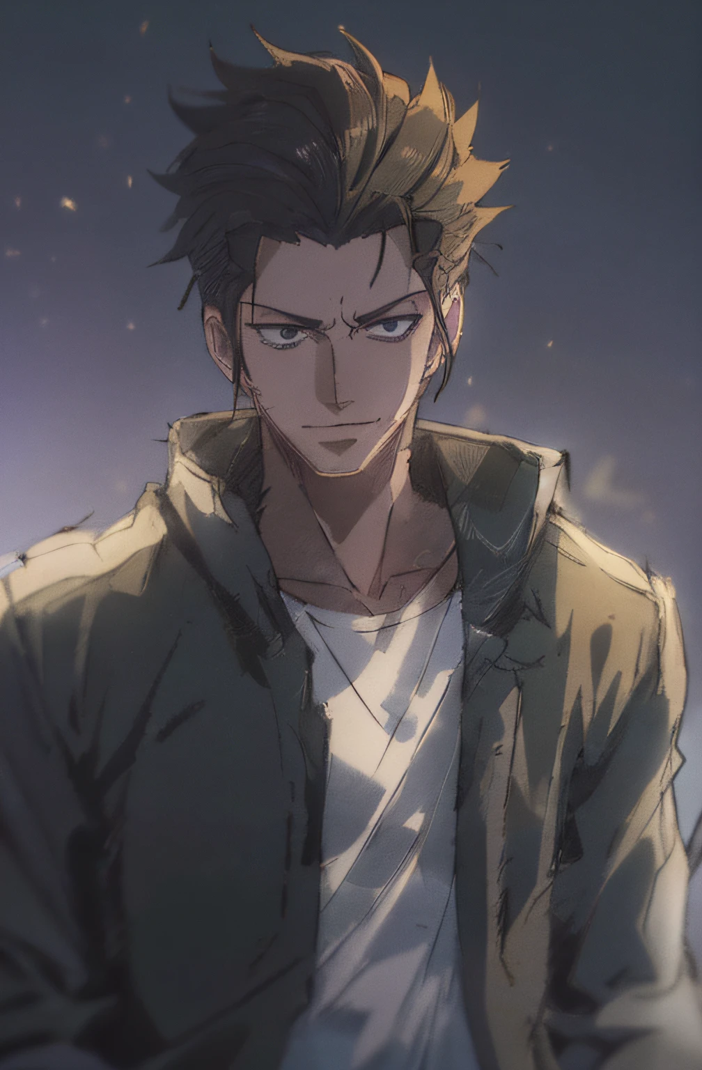 1man, wanostyle, Lee Geon, smirking, looking at viewer, solo, full body, ((masterpiece)), (best quality), (extremely detailed), depth of field, sketch, dark intense shadows, sharp focus, soft lighting, hdr, colorful, good composition, spectacular, anime screencap, return of the disaster-class hero, manhwa, korean