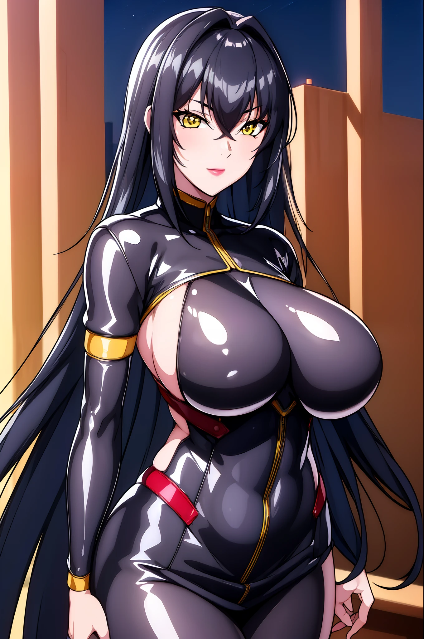 (Night:1.7), Japan, Tokyo, CityView, Before Window,
Standing at attention,
black outfit ,yellow collared shirt,black and red bodysuit,skin_tight,black legwear, black pantyhose, Side_boob,
black hair,very long hair, Bangs,yellow eyes,makeup, lipstick,
1 girl, 20yo,mature female,Beautiful Finger,Beautiful long legs,Beautiful body,Beautiful Nose,Beautiful character design, perfect eyes, perfect face,
looking at viewer,
NSFW,official art,extremely detailed CG unity 8k wallpaper, perfect lighting,Colorful, Bright_Front_face_Lighting,
(masterpiece:1.0),(best_quality:1.0), ultra high res,4K,ultra-detailed,
photography, 8K, HDR, highres, absurdres:1.2, Kodak portra 400, film grain, blurry background, bokeh:1.2, lens flare, (vibrant_color:1.2)
(Beautiful,large_Breasts:1.4), (beautiful_face:1.5),(narrow_waist),