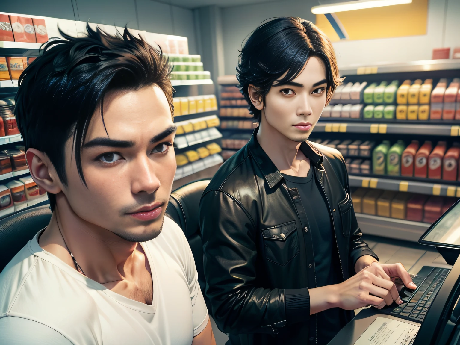 Male with 2 Asian faces,Shop for car supplies in casual wear at the auto supply supermarket,sface focus,Extreme depiction of facial detail