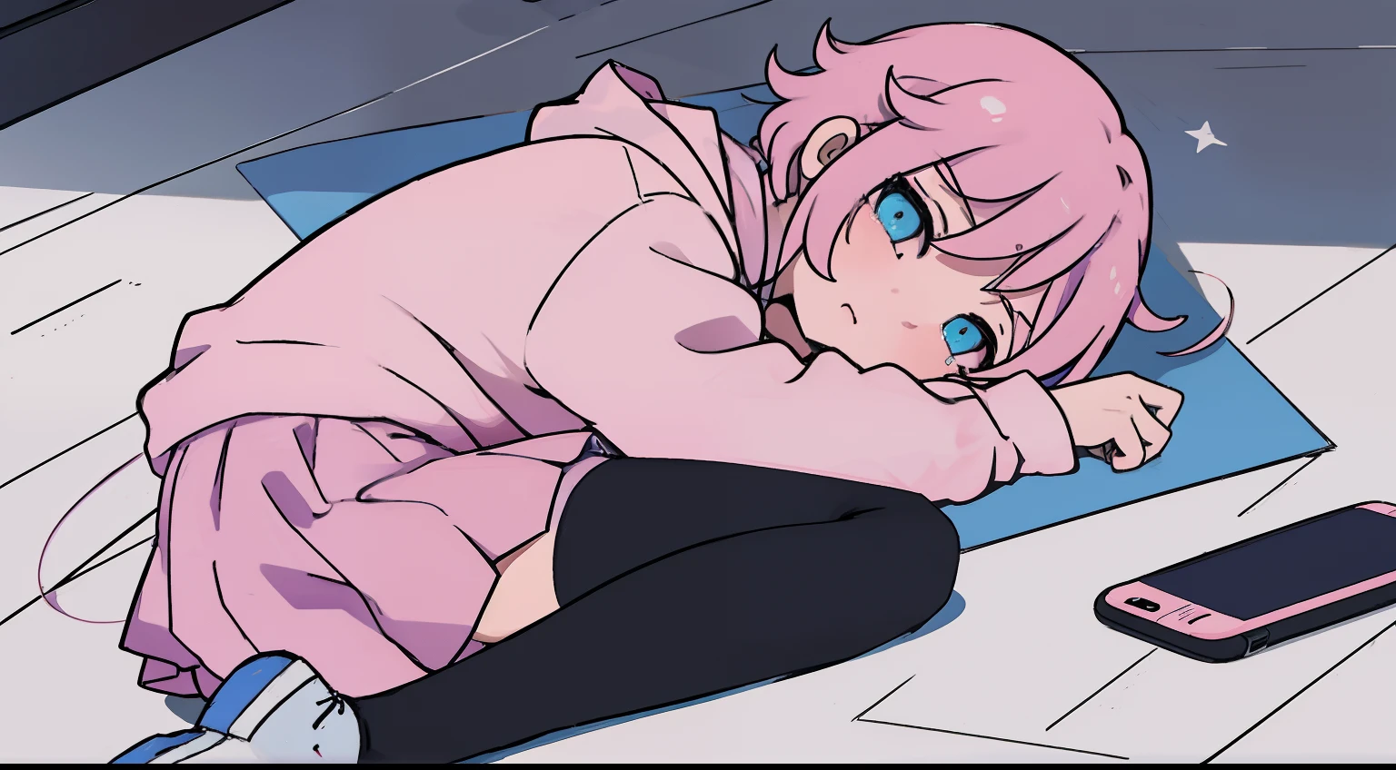 anime girl, short pink hair, bangs, pink hoodie, blue skirt, black legwear, choker, crying, sad, lying on the floor,lying on one side, sketch, white shoes, from side, phone on the floor, looking at phone