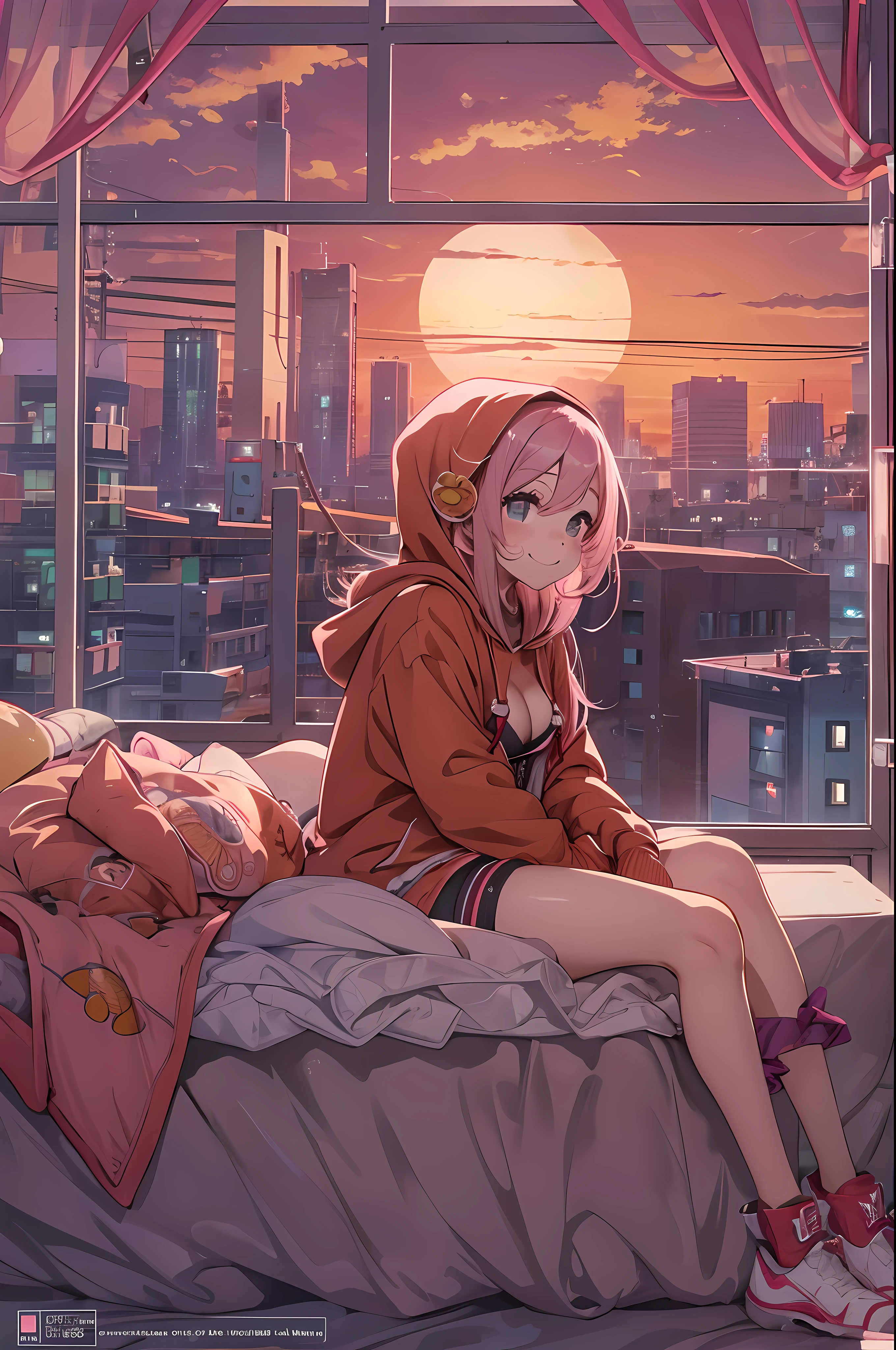 1girl, masterpiece, best quality, highres, (loli, toddler:1.2), pretty face, large breasts, cleavage, breasts slip, (eyelashes:1.3), dot nose, (sunset:1.5), backlighting, industrial city, window, pink hair, low twintails, wavy hair, hair ornament, looking at viewer, (red hoodie, hood:1.2), sitting on bed, (kind smile:1.2)|anguish, (open mouth:0.7), crotch seam, anime,