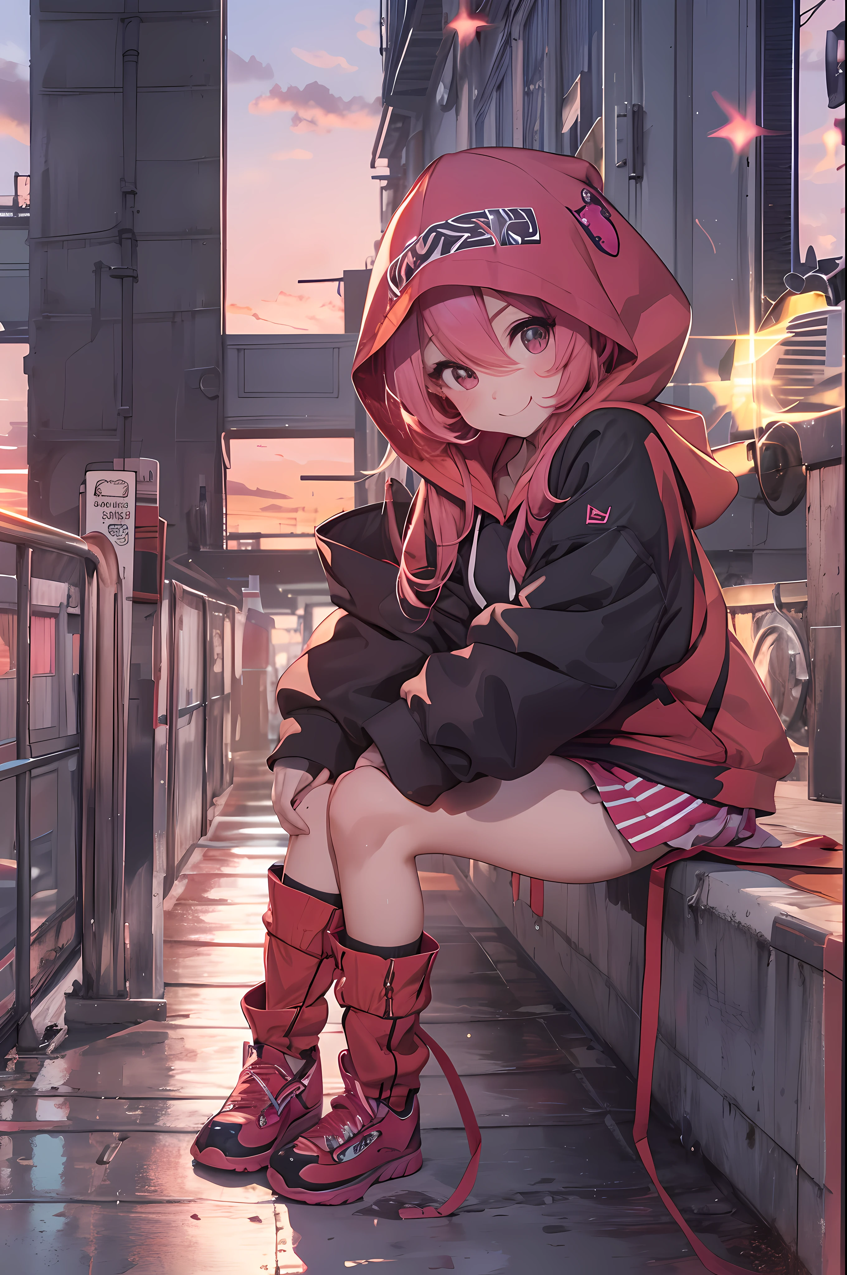 1girl, masterpiece, best quality, highres, (loli, toddler:1.2), pretty face, large breasts, cleavage, breasts slip, (eyelashes:1.3), dot nose, (sunset:1.5), backlighting, industrial city, window, pink hair, low twintails, wavy hair, hair ornament, looking at viewer, (red hoodie, hood:1.2), sitting on bed, (kind smile:1.2)|anguish, (open mouth:0.7), crotch seam, anime,