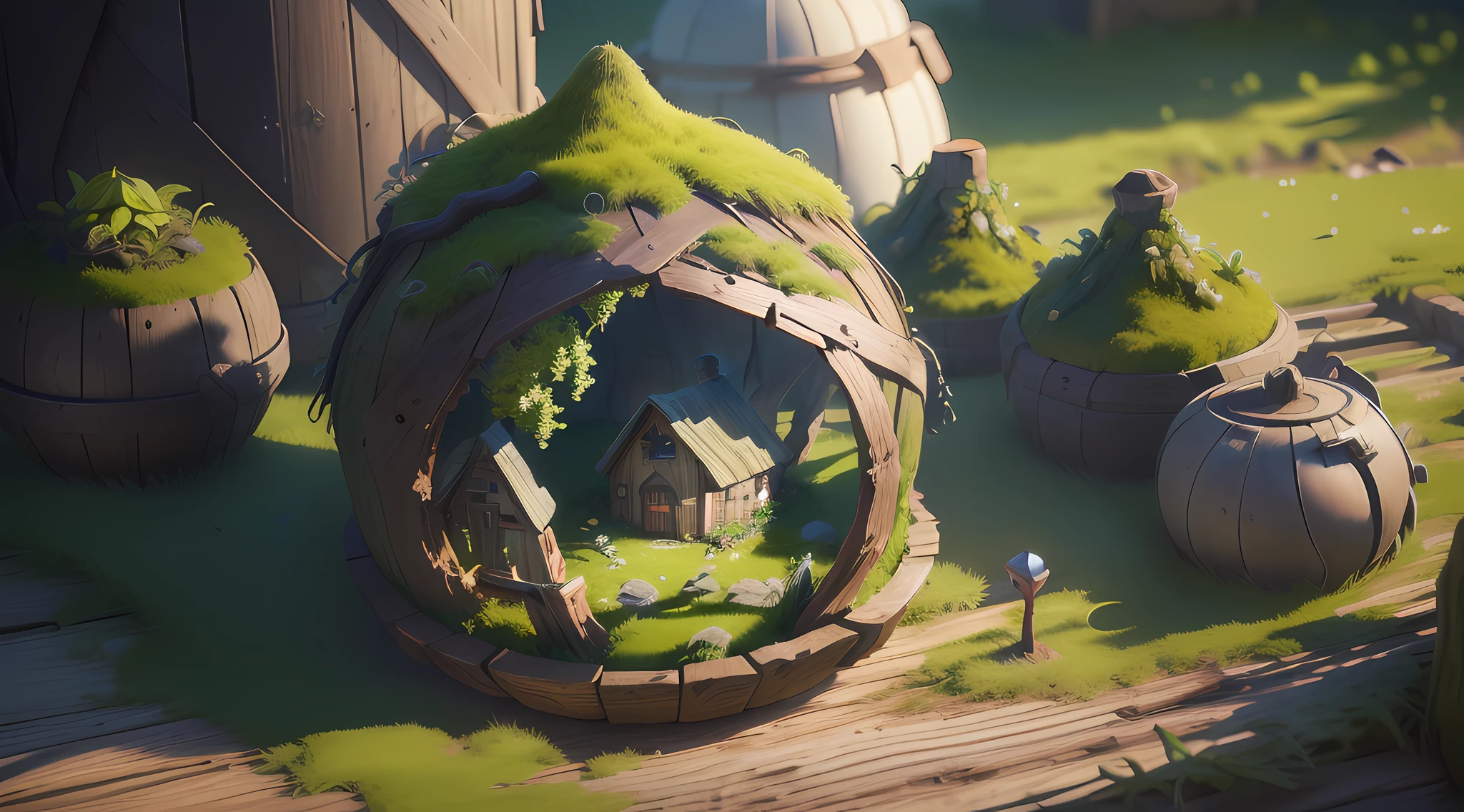 Masterpiece, best quality, (highly detailed CG unity 8k wallpaper), (best quality), (best illustration), (best shadows), round turnip hut covered with moss, isometric 3D , octane rendering, ray tracing, highly detailed