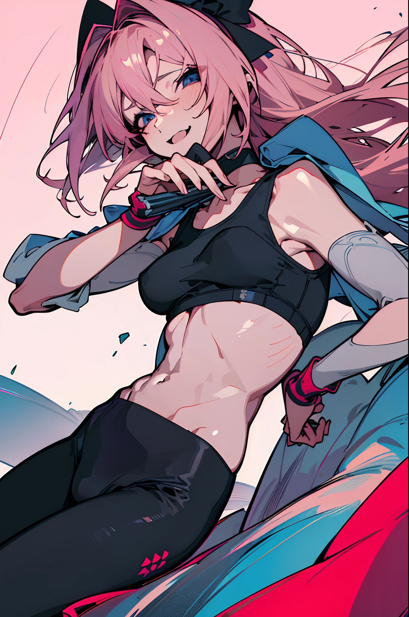 (High resolution), (in 8K), (Extreme Detail), (Best Illustration), (beautiful detail), (Best Quality), (masuter piece), ( Detailed face),astolfo、Light pink hair、The long-haired、blue eyess、a black ribbon((Raking up your hair、One hand is on his hip)) ((Sports tights、Sportsbra,Sports Leggings)) (Vicious look、Vulgar smile)、suggestive pose、Realistic fantasy rendering, Realistic anime girl rendering,  (Colossal tits 、thin-waist、Big buttocks) popular in CGSTATION, 4K,highlight in eyes、Rough breath、red tide、Sweating、sports gym