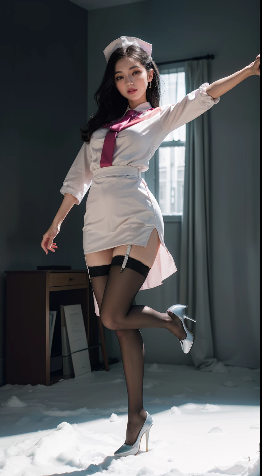 (full body:1.5)，(looking at viewer:1.4)， (Wearing stockings, high heels, and Nurse Set:1.2), (Dance on top of snowy mountains:1.2),(In pink|amarelo|blue colors|green color|red colour|white colors|black in color|purpleish color|greys|Beige|Flesh color 1.4)，(Accurate and perfect face:1.4),A shallow laugh,,hyper HD, Ray traching, reflective light，structurally correct, Award-Awarded, high detal, lightand shade contrast, Face lighting，cinmatic lighting, tmasterpiece, super detailing, high high quality, high detal, best qualityer, 16k，high contrast,