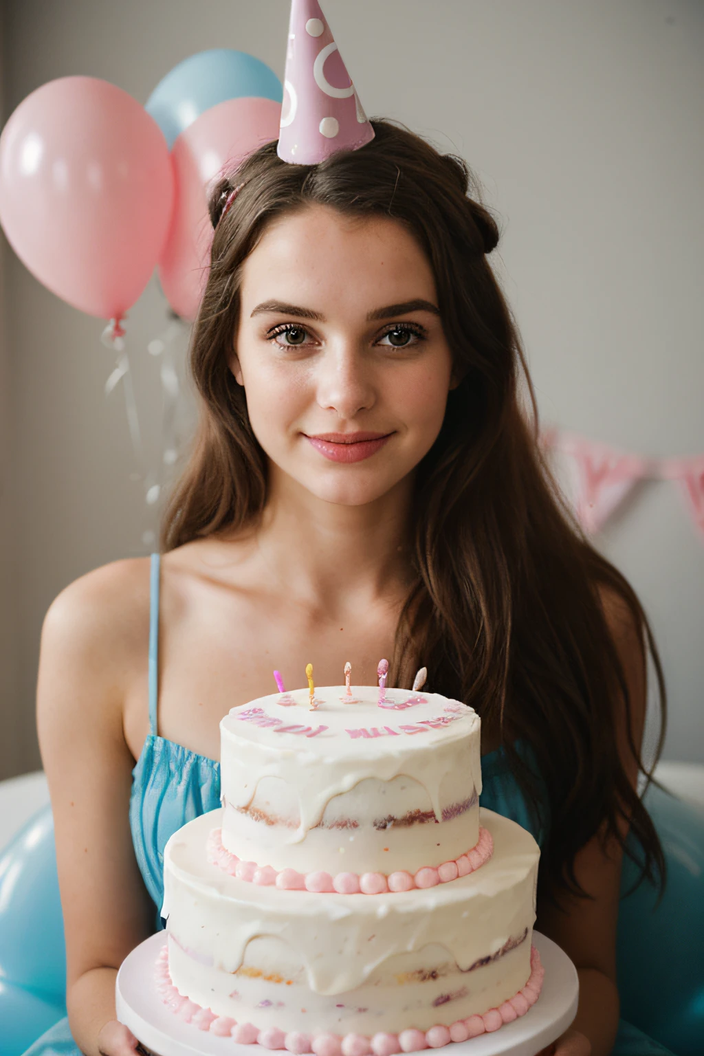 photo of a young woman, birthday party, cake
