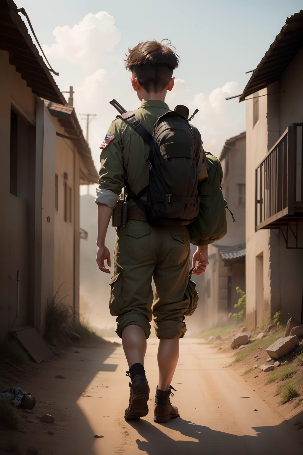 boy going to war, foto realista, Back image with a boy going to war against a giant