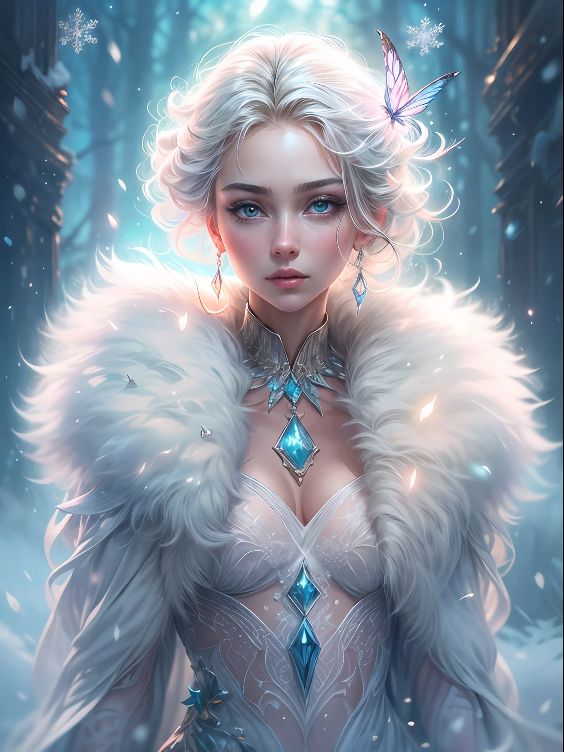 Generate a pretty and realistic fantasy artwork with bold jewel-toned hues, pretty glitter and shimmer, and lots of snowflakes. Generate a luminous and petite woman with curly hair, metallic hair, and realistically textured hair. Her skin is pure white and seems to glow in the light. The woman's face is important: include soft, puffy lips, elegant features, and the most beautiful detailed eyes in the world. The woman is in a winter landscape with soft falling snow and snowflakes, soft white fur, subtle iridescent details, subtle phantasmal iridescent details, and intricate and delicate jewelry that glimmers in the light. Include many small fantasy details like gossamer silk, feathers, delicate and stunning embroidery, and luminous lighting that glimmers. The woman's face is unobscured by details and her eyes are sharp and in high resolution. Incorporate dreamy colors, dynamic lighting, and detailed background elements to create a sense of awe and immersion. Include colorful flying magical birds and jewel-toned butterflies radiating a magical aura. Consider the latest trends in fantasy art, such as incorporating unique lighting effects, exploring dynamic and compelling composition techniques, and experimenting with unique color palettes. Take inspiration from the top artists on ArtStation and Midjourney. Camera: Choose an angle that highlights the character's beauty and enhances the magical majesty of the artwork. Lighting: Utilize atmospheric lighting techniques to create depth and mood. Resolution: Aim for a high-resolution artwork to showcase intricate details and clarity. Art Inspirations: Seek inspiration from the trending artists on ArtStation, exploring different styles, genres, and themes. white skin, pale skin, really pale skin, really white skin, beautiful eyes, fantasy details, shimmer, glimmer, magical birds, magical butterflies, ornate, (((masterpiece))), add_detail:1