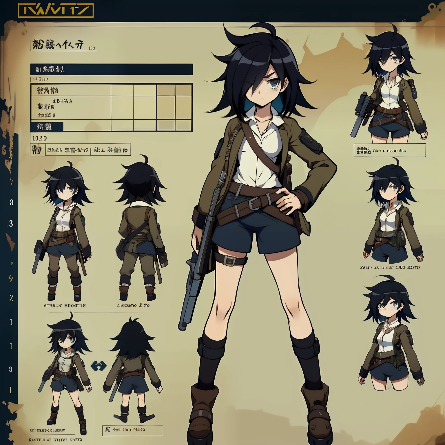 Primer plano de Obra maestra, detallado, Tomoko-Kuroki un chica con un disfraz de pistola, ((arte conceptual del personaje)), ((Character Design Sheet, Mismo personaje, Frente, lado, derriere)) arte de personaje de historia de arce, video game character design, video game character design, Tomoko-Kuroki de pistola de historia de arce, arte conceptual experto de alto detalle, arte conceptual de bala de metal, funny character design, Lucio como mujer, Inspiration of gravity fever, sticky tar. arte conceptual, belt buckle at waist, Pistola Steampunk,