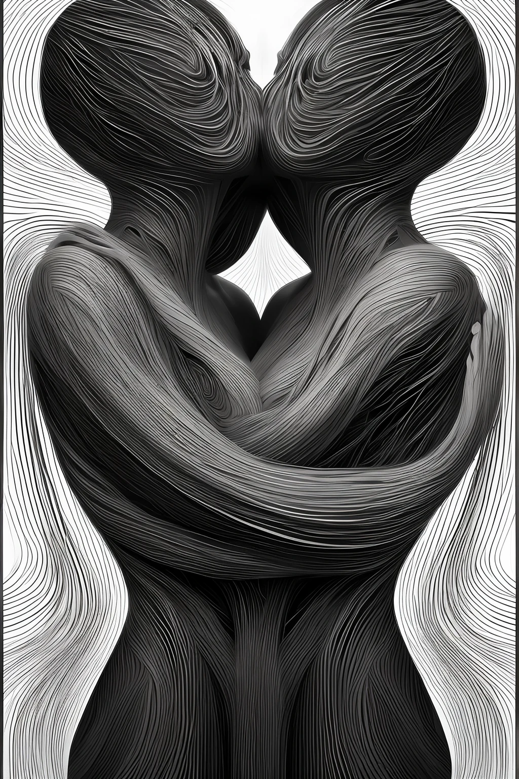 Interlocking Expressions: Centered image of abstract lines forming moving human figures that intertwine in an abstract embrace expressing connection and movement in harmony, defying perception and leaving a lasting impression.