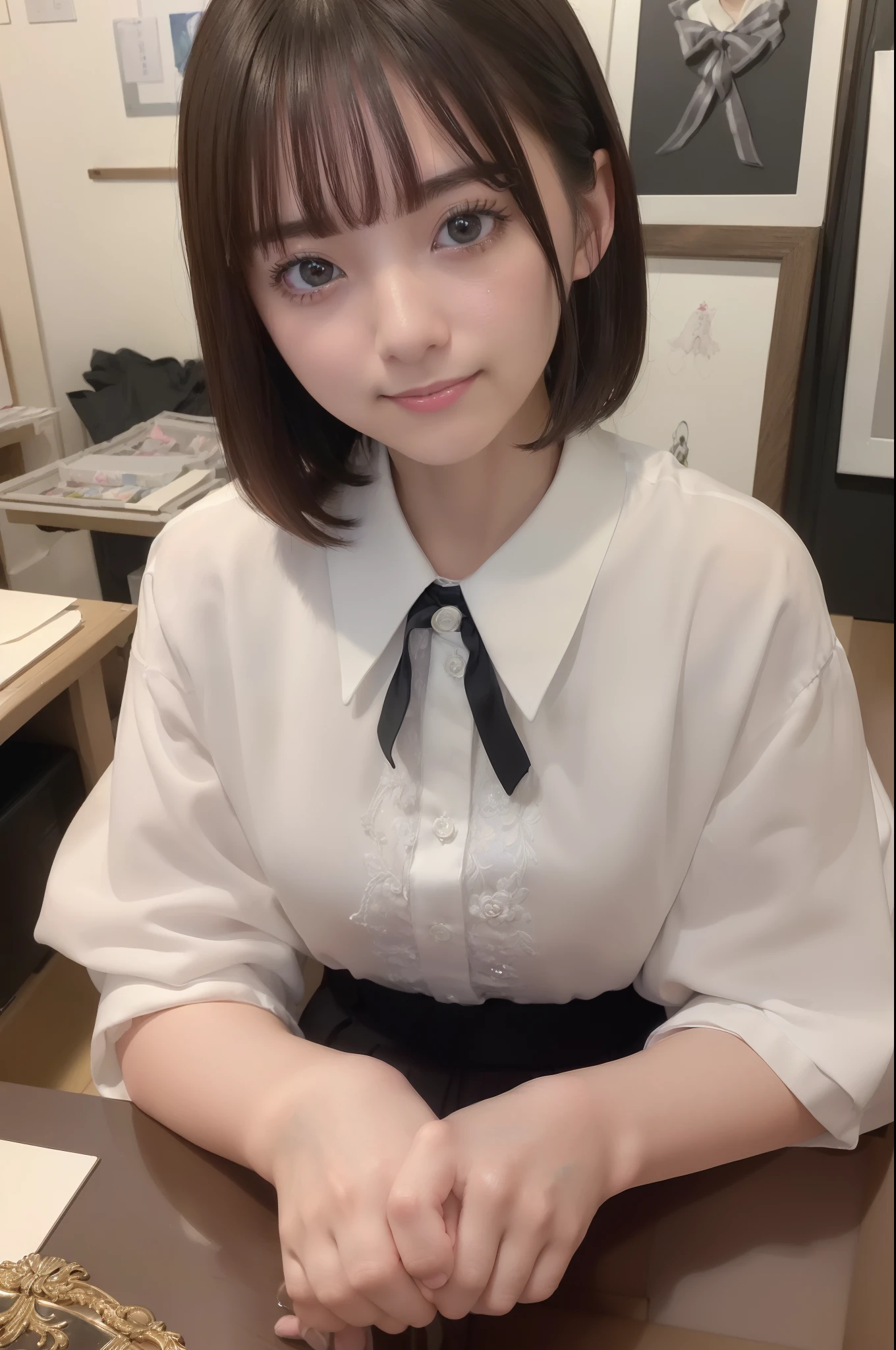 (8K、top-quality、masterpiece:1.2)、(realisitic、Photorealsitic:1.37)、ultra-detailliert、1womanl、 20yr old、独奏、((Beautiful ribbons))、(((A dark-haired)))、(A smile:1.15)、beautiful finely detailed eyes、(shirt with collar:1.1)、business clothes、(short-hair:1.2)、 (((Art Room)))、 picture frame