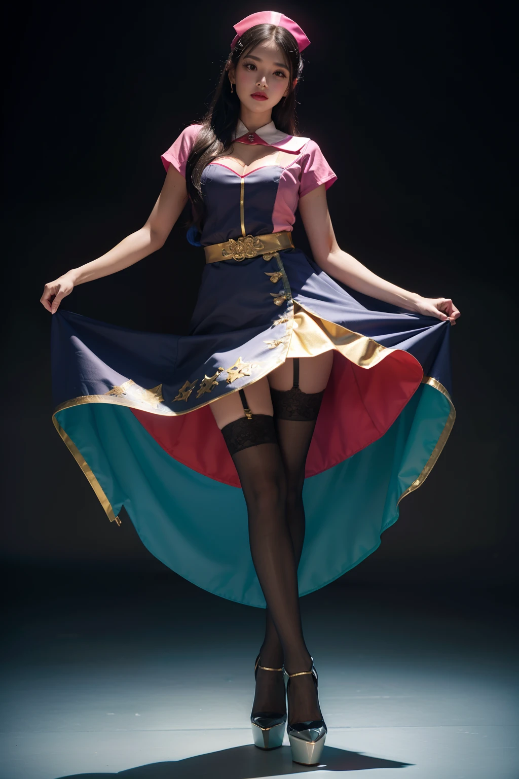 (full body:1.5)，(looking at viewer:1.4)， (Wearing Gilded stockings, high heels, and Nurse Set:1.2), (Dance on top of snowy mountains:1.2),(In pink|amarelo|blue colors|green color|red colour|white colors|black in color|purpleish color|greys|Beige|Flesh color 1.4)，(Accurate and perfect face:1.4),A shallow laugh,,hyper HD, Ray traching, reflective light，structurally correct, Award-Awarded, high detal, lightand shade contrast, Face lighting，cinmatic lighting, tmasterpiece, super detailing, high high quality, high detal, best qualityer, 16k，high contrast,