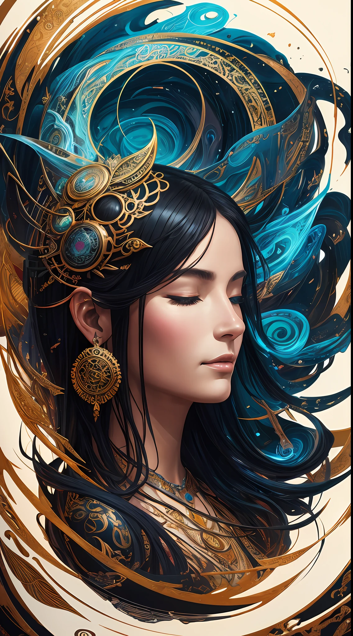 Tyche Goddess of Fortune Lady Luck, eye closed, Colorful beautiful woman: Black ink flow: 8k resolution photorealistic masterpiece: by Aaron Horkey and Jeremy Mann: intricately detailed fluid gouache painting: by Jean Baptiste Mongue: calligraphy: acrylic: watercolor art, professional photography, natural lighting, volumetric lighting maximalist photoillustration: by marton bobzert: 8k resolution concept art intricately detailed, complex, elegant, expansive, fantastical --auto