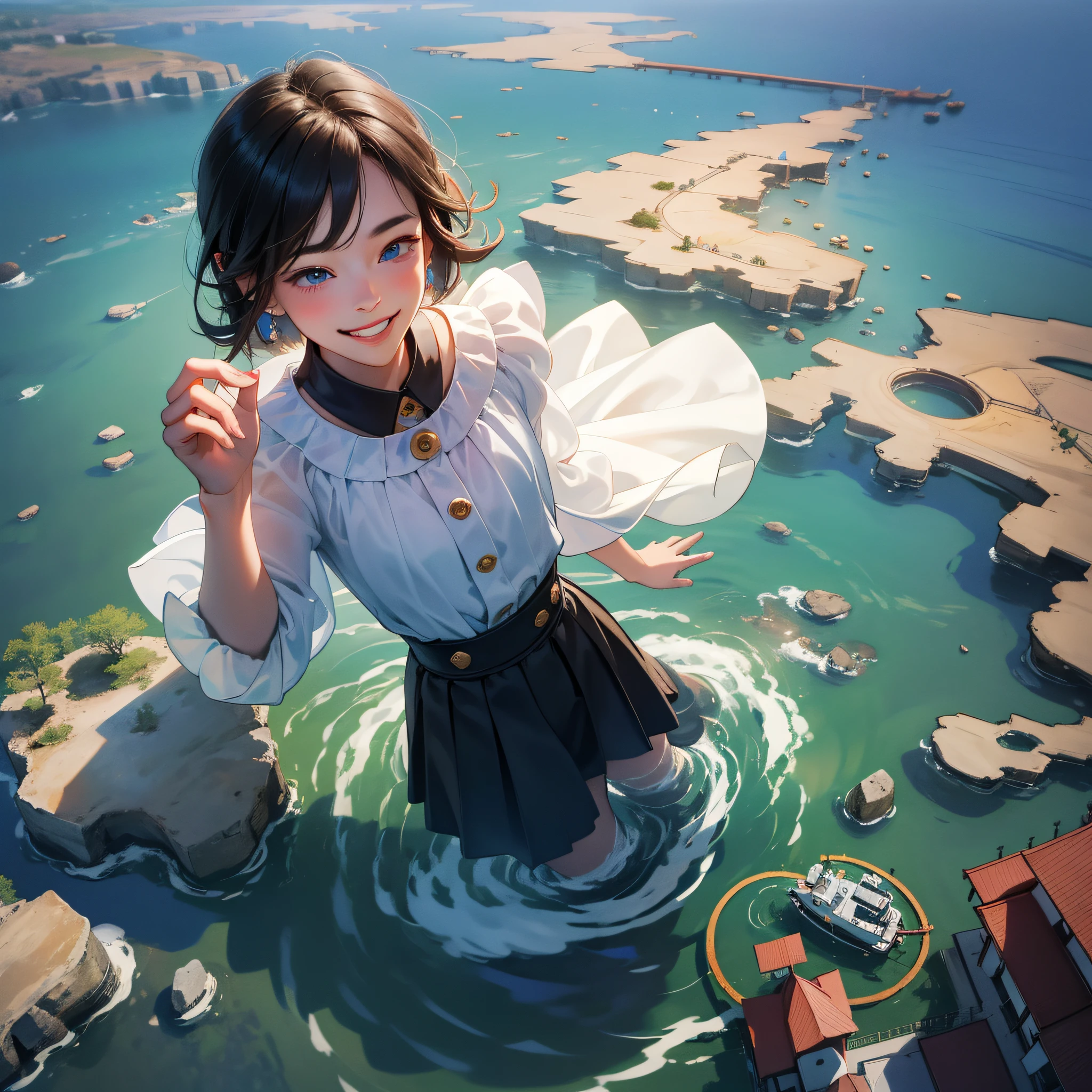 in 8K、top-quality、​masterpiece:1.2)、1人の女性、(Smiling smile:1.1)、beautidful eyes、Valley、The upper part of the body、shorth hair、Like a boy 、Quirk hair、short-cut、