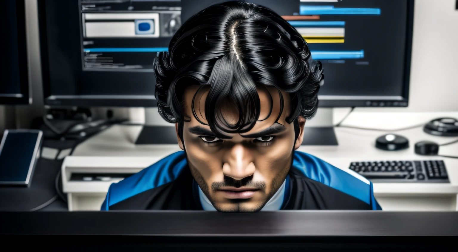 There is a man with black hair and blue shirt, motor unreal face azul, Retrato VFX altamente detalhado, irreal 5. retrato de rpg, serious focussed look, 8k portrait render, fierce expression 4k, epic portrait of menacing, futuro homem codificador olhando para, jett de valorant, angry looking at camera, na frente de um computador