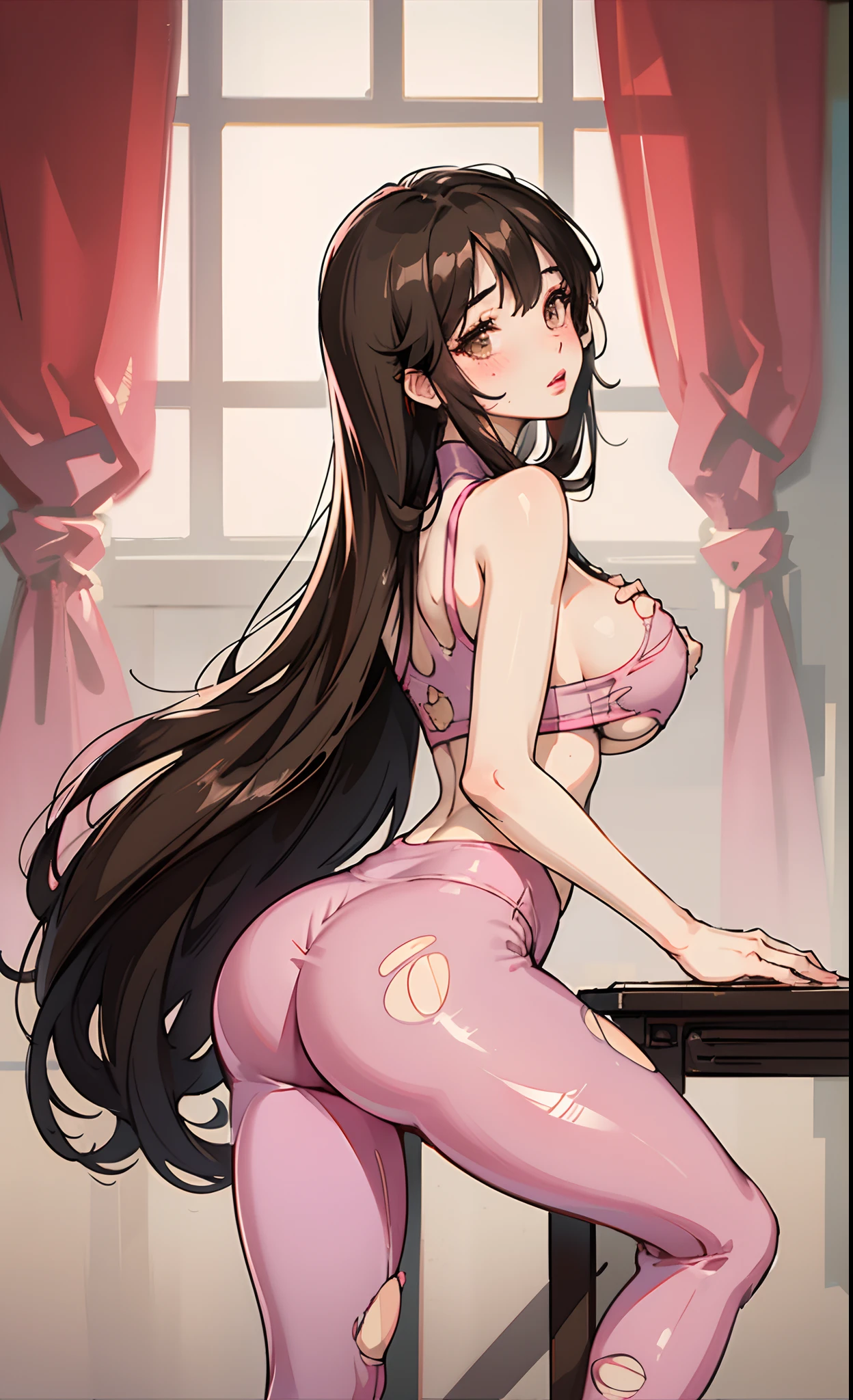 chinese, long black hair, light brown eyes, standing, elegant, torn pink yoga pants, legs spread, luscious lips, view from ass, light pink blush on cheeks, flashing boobs