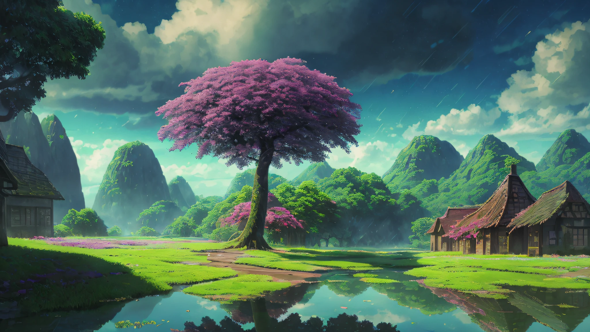 Masterpiece, best quality, high quality, highly detailed CG unity 8k wallpaper, surreal giant cyan rain tree in a futuristic prehistoric village, splashing water, sandy debris, lens flare, sun axis, fluffy clouds, ultra detailed, HDR, bloom, photorealistic, ultra detailed