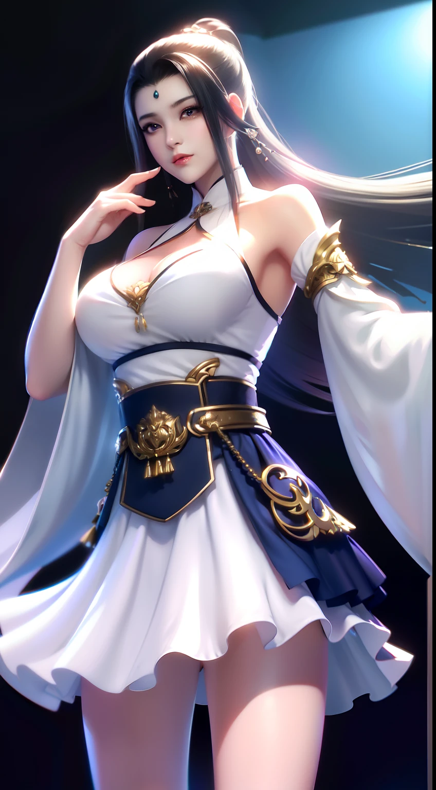 (best qualtiy,tmasterpiece:1.2),超高分辨率,realisticlying,Front lighting,Complicated details,Exquisitedetailsandtextures,1girll,独奏,(年轻),Facial highlights,full bodyesbian,Detal Face,tear-mole,white skinned,Black color hair,pony tails,looking at viewert,largeeyes,White silk bra suspenders,Blue super shorts,Hanfu,silkouette,耳Nipple Ring,Large breasts,slimfigure,profesional lighting,photon maping,Radio City,physically-based renderingt,softlighting,Vivid and bright