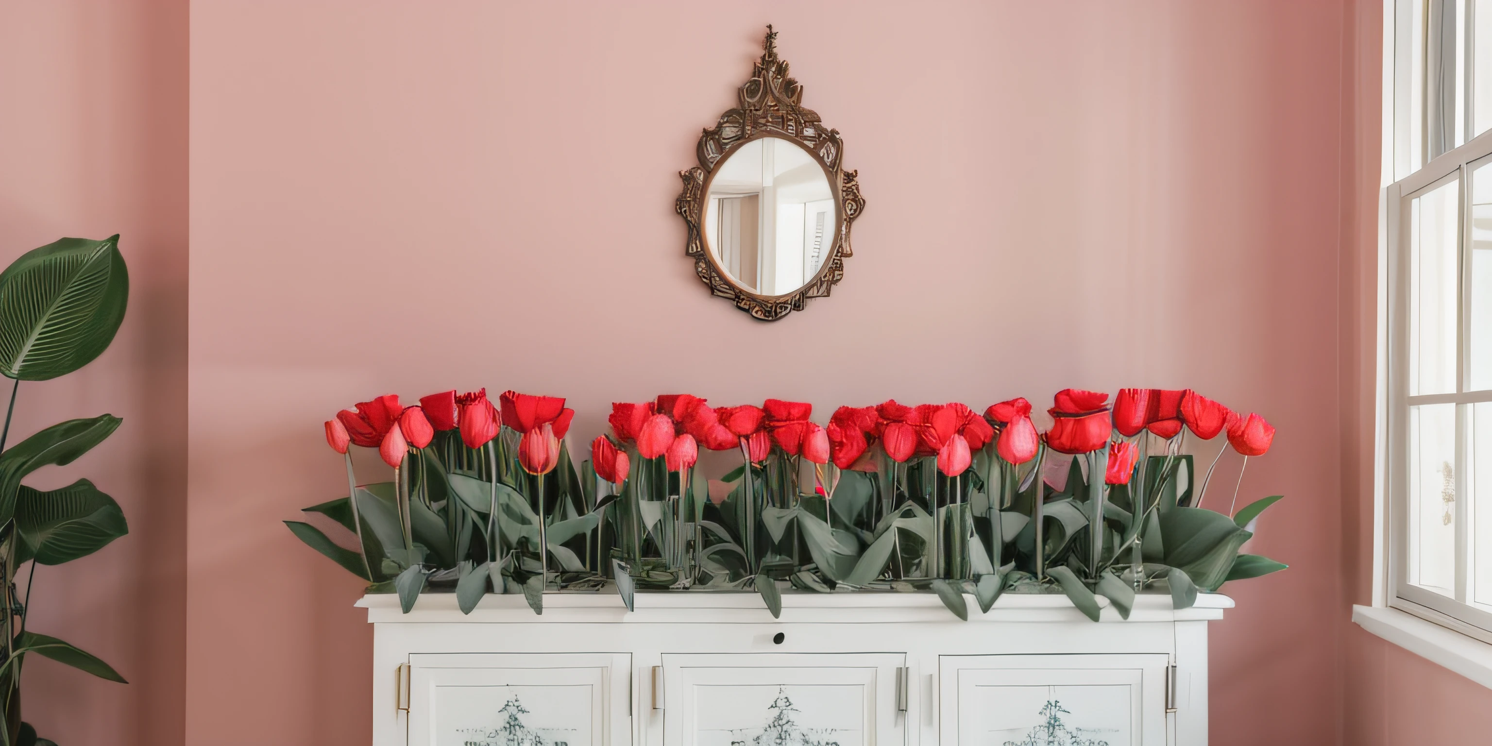 Ilustrar un 16:9 composition showcasing a visually striking bar made up of roses and tulips, Hortensias, y narcisos, Colocado horizontalmente para parecerse a una banda ornamentada en una toalla de felpa