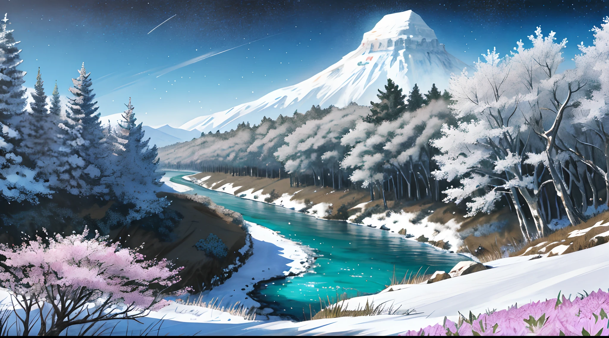 Scenery Anime wind In the distance, there is a river of stars in the sky, a frozen river nearby, a forest and a sea of flowers on the side, a girl looks back at me, opens her arms and embraces