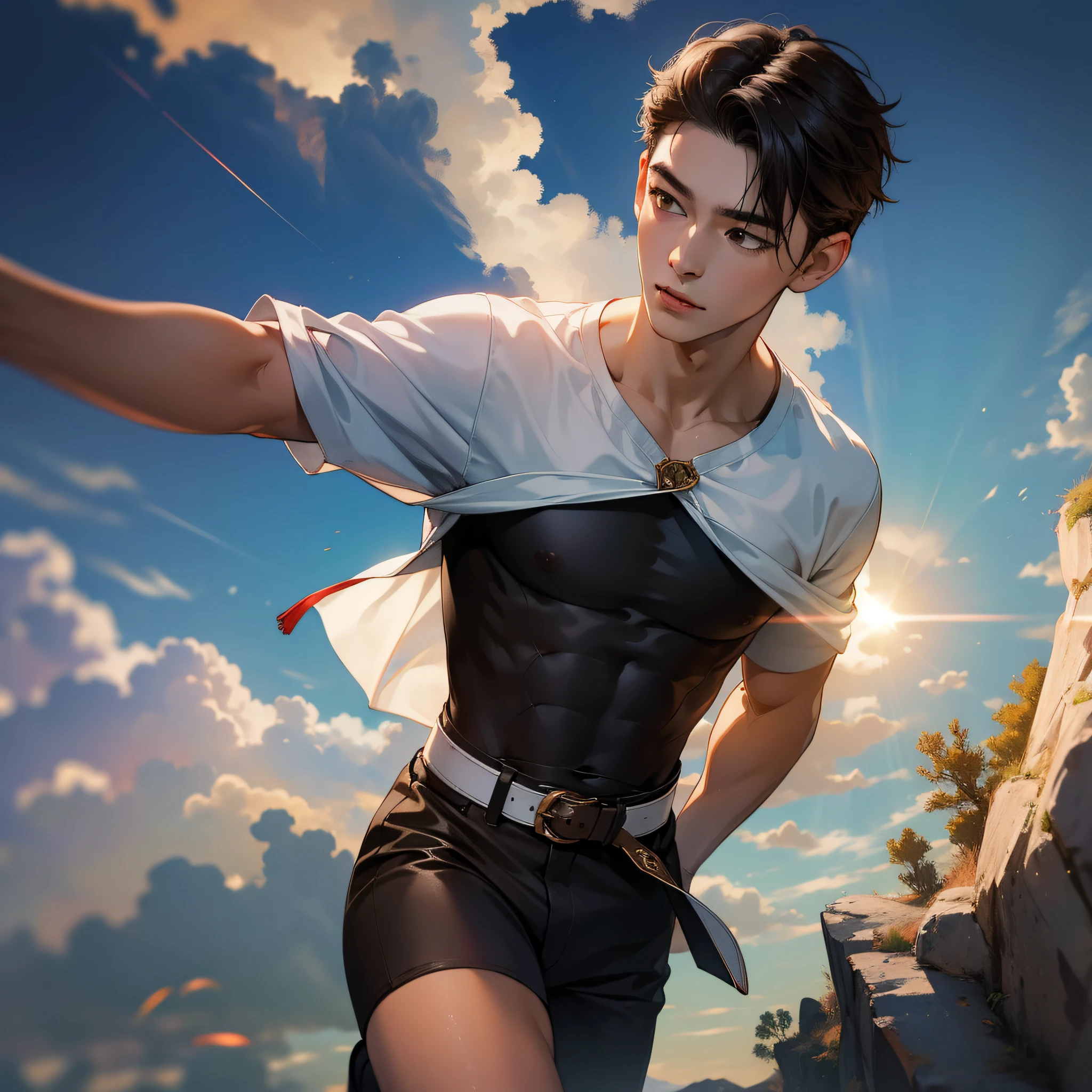 (in 8K、top-quality、masterpiece:1.2)、1 boy、short-haired、Hair short、Brown-skinned、