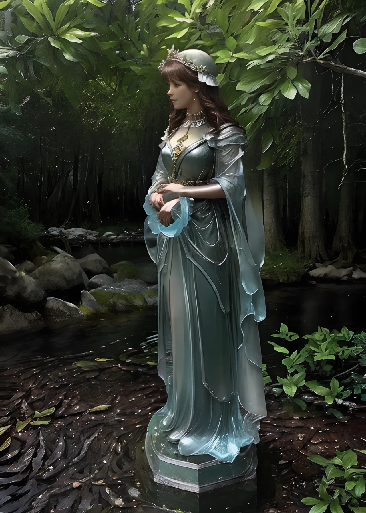 Girl with Full Body Glass Statue、Realistic girl head、1girl in、fantasy forest background、James Gurney Gregorovsky photo:Angelique Boissière Earl Striver、Photorealsitic、ultra-detailliert、Canon Nightingale R 3、Cinematic、filmg、smil、Sitting by the lake