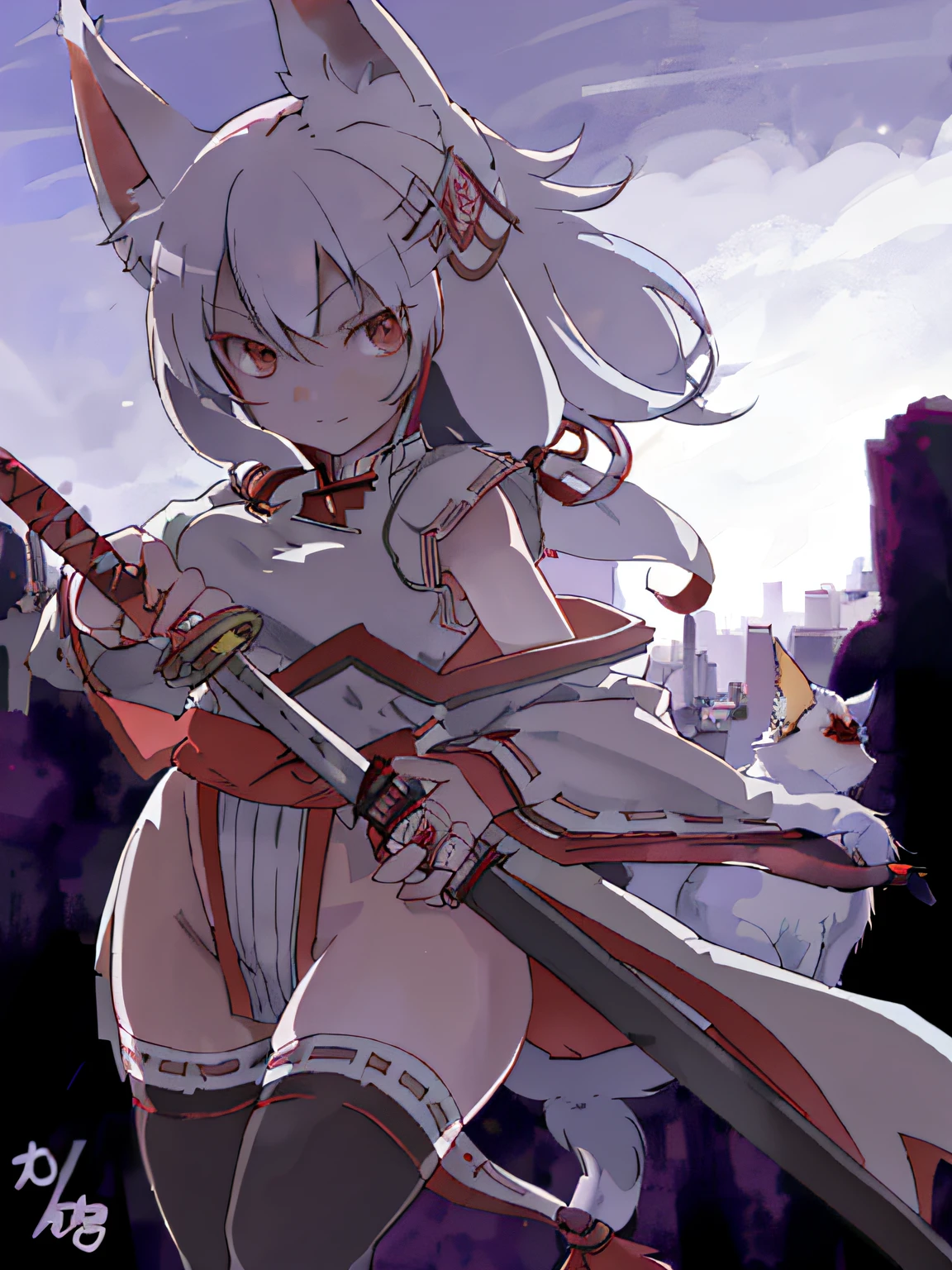 Anime characters with sword and red hair in front of the city, fox nobushi, fox nobushi holding a naginata, mika kurai demon, kitsune holding torch, she is holding a sword, White Cat Girl, she is ready to fight, kitsune inspired armor, she is holding a katana sword, unsheathing her katana