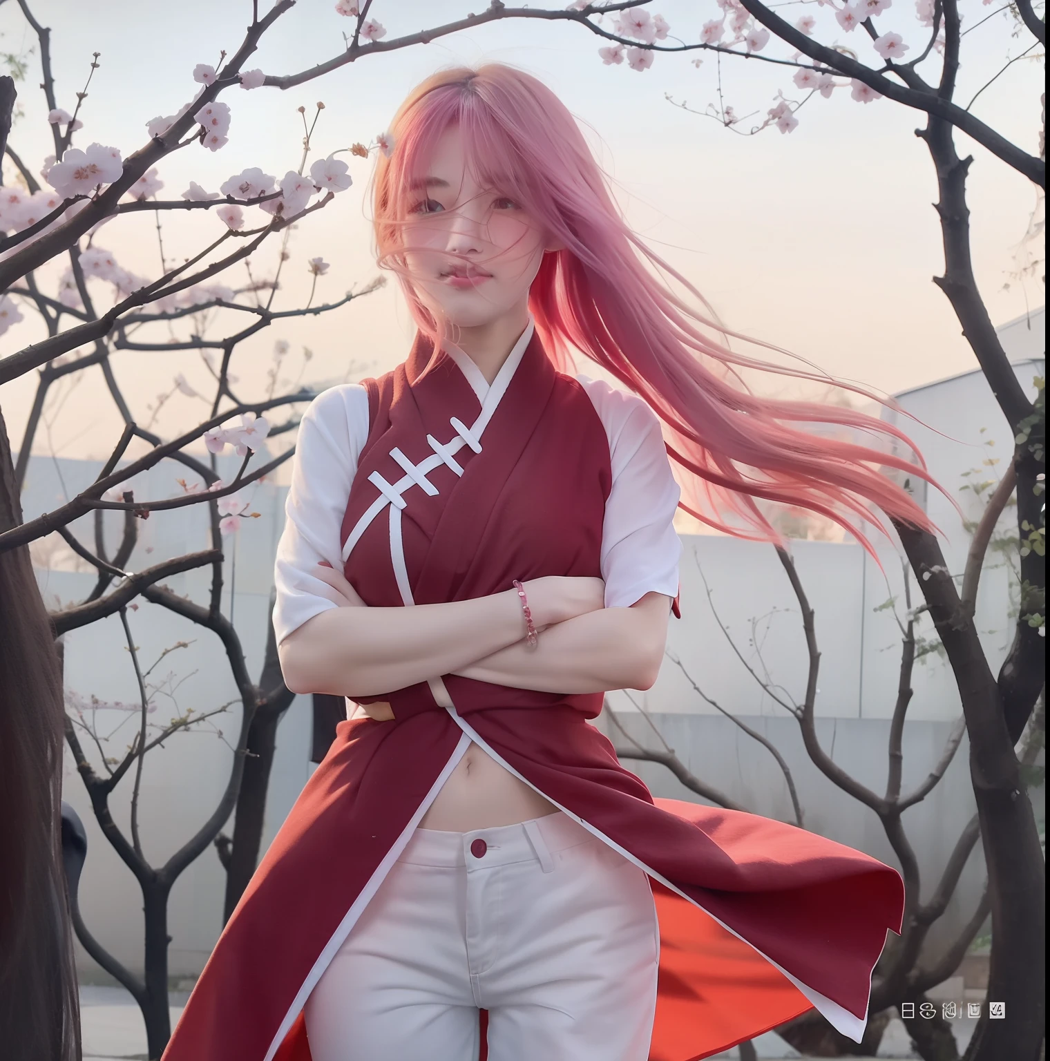 Sakura uchiha. A woman was standing with her arms folded across her chest. At a cherry blossom garden. He wore a red kimono with a white stripe through the wind. Combined with white Levis pants. His skin is so white. She's wearing a silver bracelet. The long, pink hair was reflected in the wind. Her cheeks were rosy. He looked at the camera. She's so pretty and realistic