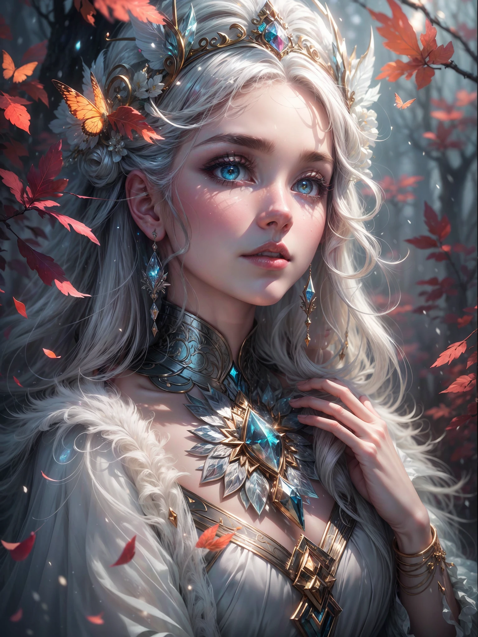 Generate a pretty and realistic fantasy artwork with bold jewel-toned hues, pretty glitter and shimmer, and lots of snowflakes. Generate a luminous and petite woman with curly hair, metallic hair, and realistically textured hair. Her skin is pure white and seems to glow in the light. The woman's face is important: include soft, puffy lips, elegant features, and the most beautiful detailed eyes in the world. The woman is in a winter landscape with soft falling snow and snowflakes, soft white fur, subtle iridescent details, subtle phantasmal iridescent details, and intricate and delicate jewelry that glimmers in the light. Include many small fantasy details like gossamer silk, feathers, delicate and stunning embroidery, and luminous lighting that glimmers. The woman's face is unobscured by details and her eyes are sharp and in high resolution. Incorporate dreamy colors, dynamic lighting, and detailed background elements to create a sense of awe and immersion. Include colorful flying magical birds and jewel-toned butterflies radiating a magical aura. Consider the latest trends in fantasy art, such as incorporating unique lighting effects, exploring dynamic and compelling composition techniques, and experimenting with unique color palettes. Take inspiration from the top artists on ArtStation and Midjourney. Camera: Choose an angle that highlights the character's beauty and enhances the magical majesty of the artwork. Lighting: Utilize atmospheric lighting techniques to create depth and mood. Resolution: Aim for a high-resolution artwork to showcase intricate details and clarity. Art Inspirations: Seek inspiration from the trending artists on ArtStation, exploring different styles, genres, and themes. white skin, pale skin, really pale skin, really white skin, beautiful eyes, fantasy details, shimmer, glimmer, magical birds, magical butterflies, ornate, (((masterpiece))), add_detail:1